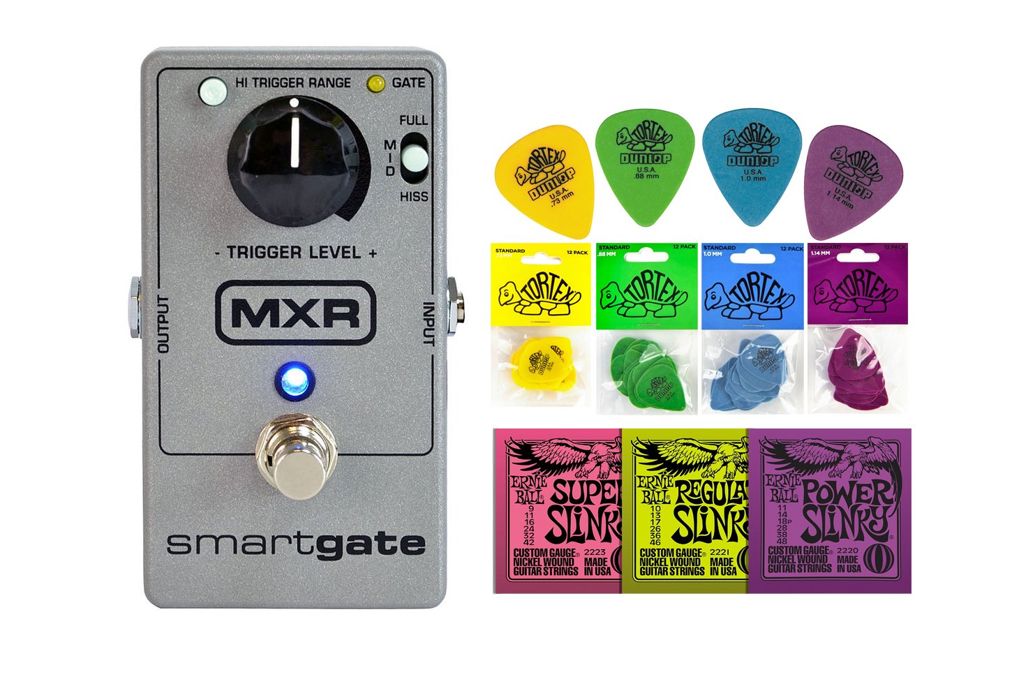 MXR M135 Smart Gate Noise Gate String Bundle w/ 2 free Items: Ernie Ball Guitar Strings, 1 Dozen Dunlop Tortex Picks