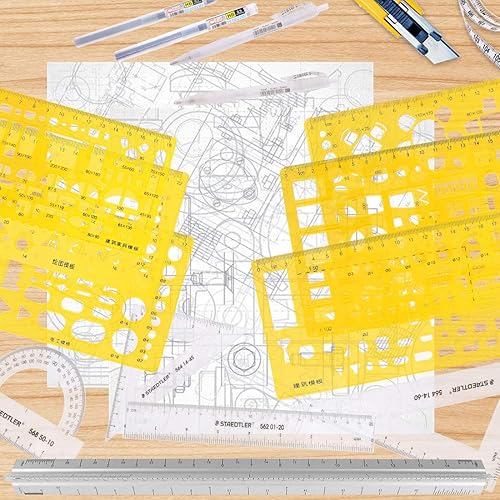 Miniatura 6 de Swpeet Kit de plantillas de dibujos geométricos amarillos de plástico, 6 plantillas de dibujos geométricos diferentes, plantillas con 2 lápices y 5