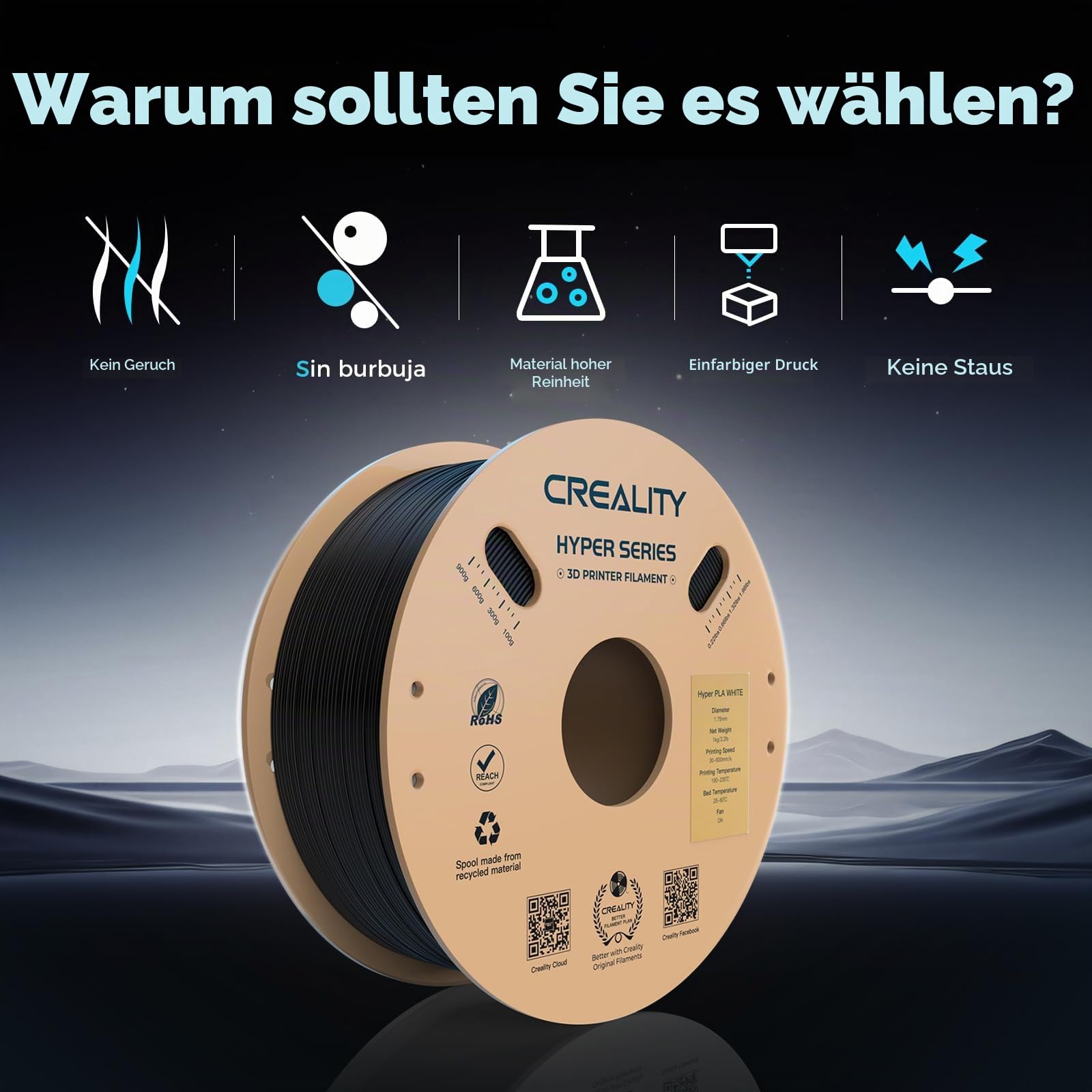 Creality Hyper PLA-Filament, Filament für 3D-Drucker 1,75 mm 4kg High Speed PLA 30-600 mm/s,Maßgenauigkeit +/- 0,02 mm, kompatibel mit den meisten 3D-Druckern,Schwarz