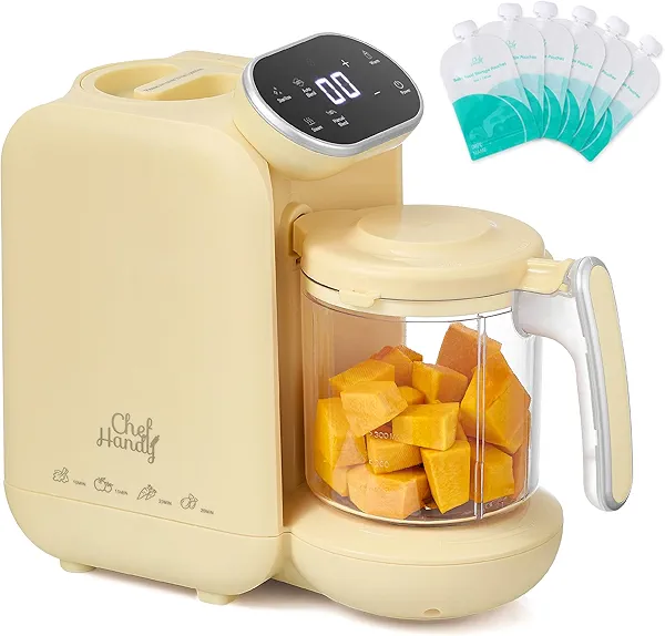 Chefhandy Baby Food Maker, Steamer & Blender with Stainless Steel Basket, Puree Maker with Auto/Manual Blend, Bottle Warmer & Sterili-zer, Safe & Easy-to-Clean Compact Baby Food Processor (Yellow)