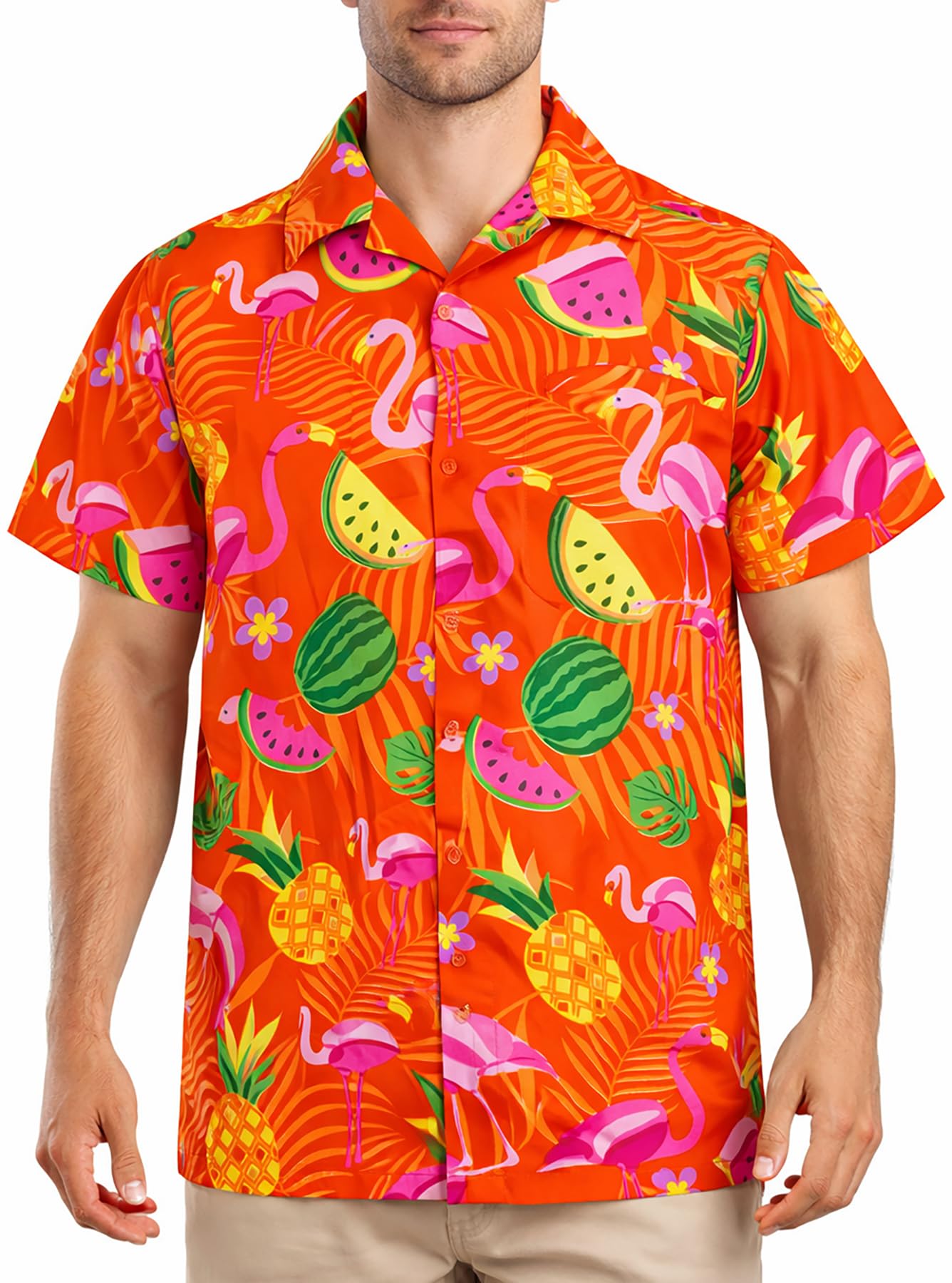 King Kameha Men's Orange - Flamingo Melon Hawaiian Shirt For – Tropical ’S Hawaiian Shirt Short Sleeve, Flamingo Melon, Orange, 6XL