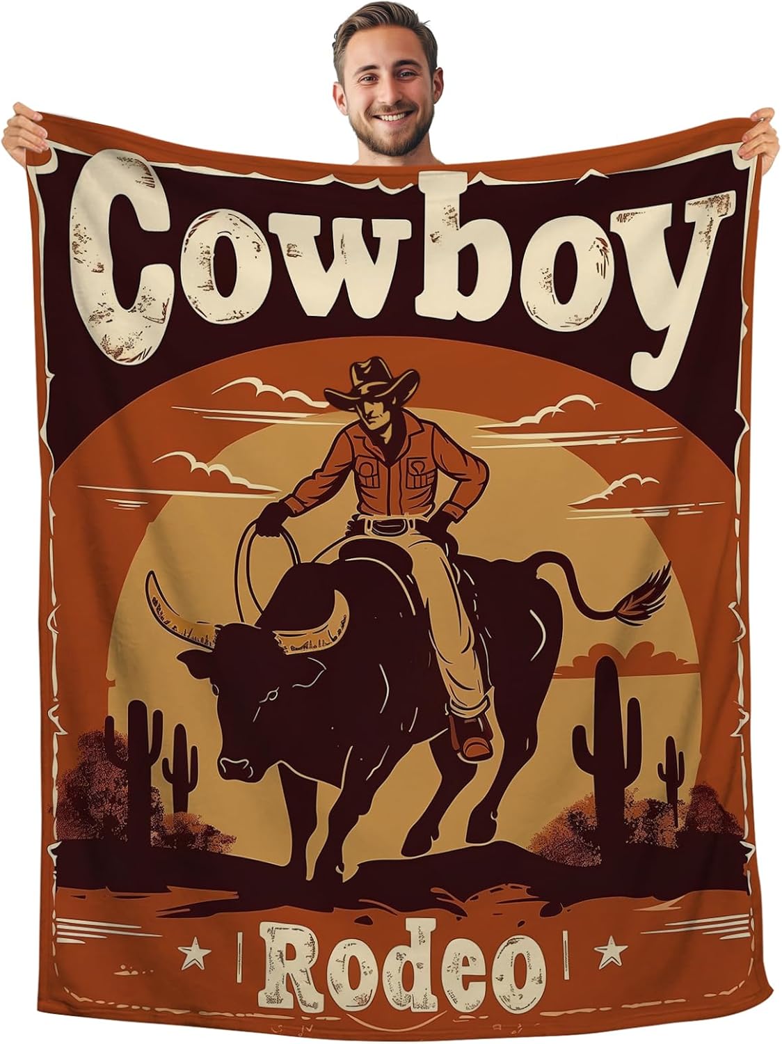 Cowboy Blanket, Western Cowboys Throw Blanket for Boys Men, a Western Cowboy Ride a Bull Orange Plush Blanket, Retro Country Farmhouse American West Theme Fleece Flannel Blankets 60"x50"