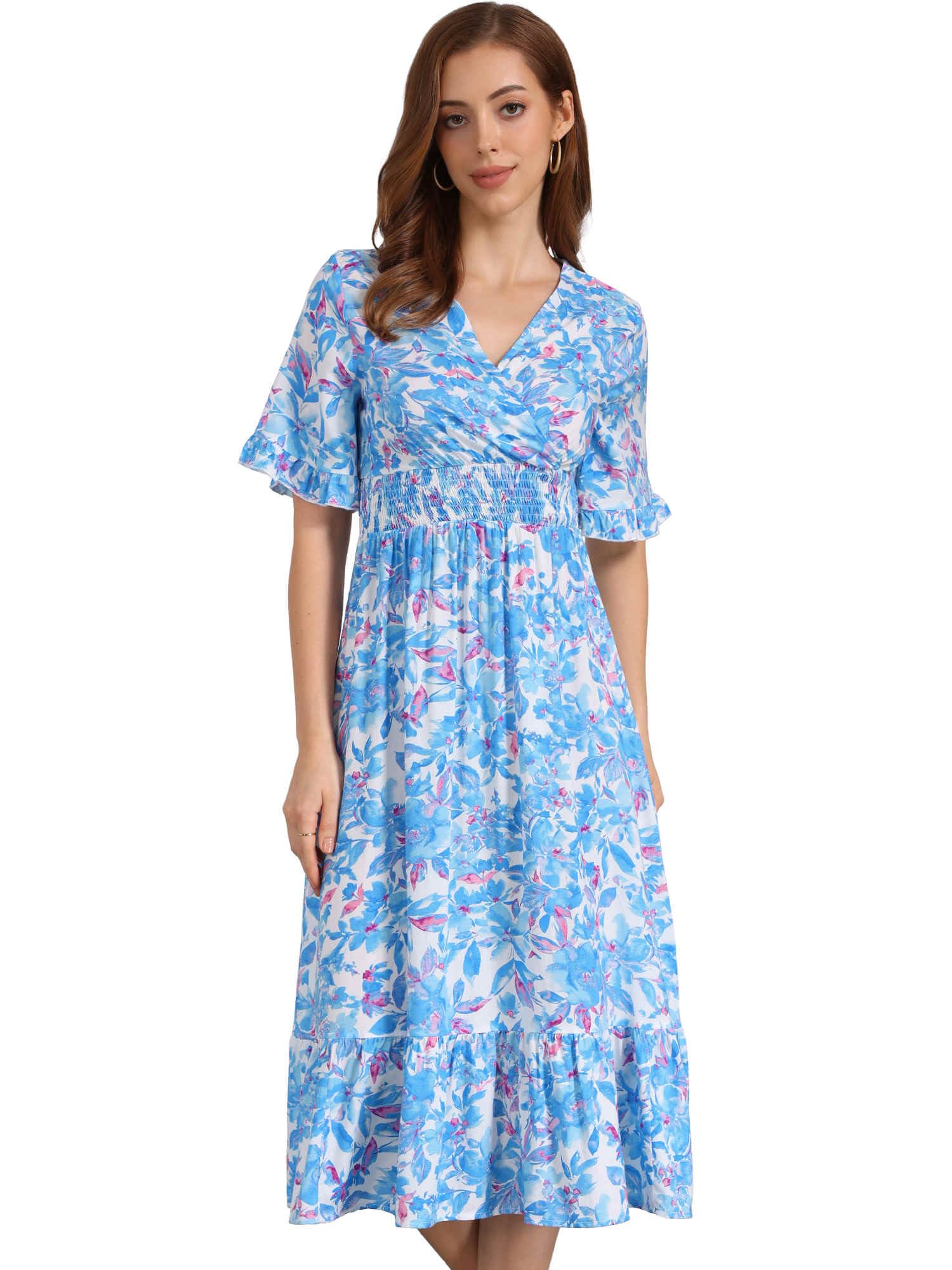 Allegra K Femme Robe Midi Imprimé Fleuri Été Enveloppante Ourlet à Volants | Coupe Avantageuse Taille Froncée Vacances Plage Voyage Rendez Vous Shopping Anniversaire