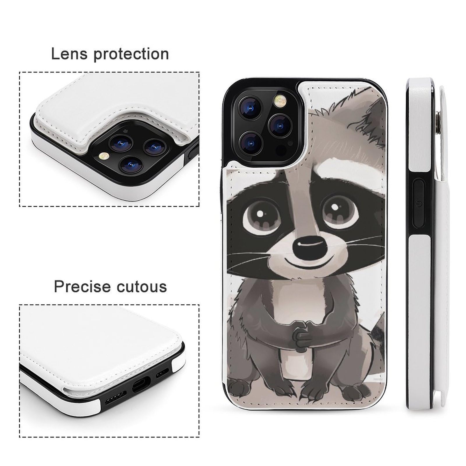 Fundas tipo cartera para iPhone 12 Pro Max, diseño de dibujos animados con estampado de mapache con ranuras para tarjetas
