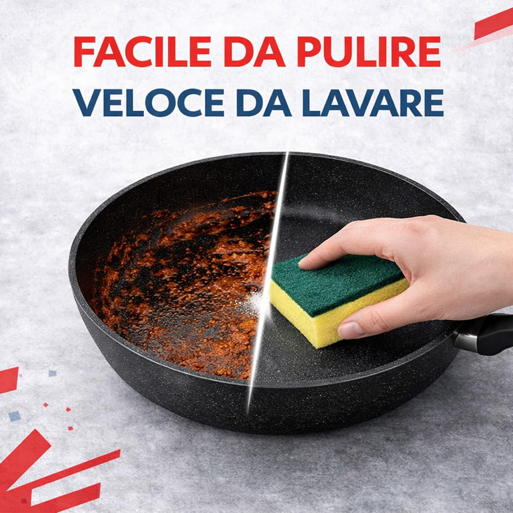 BAKAJI Set 6 Pezzi Padelle in Alluminio con Coperchio in Vetro, Adatto ad Ogni Tipo di Piano Cottura, Pentola Antigraffio, Padella con Manico Ergonomico per Cucinare in Maniera Sana (Nero) - 3