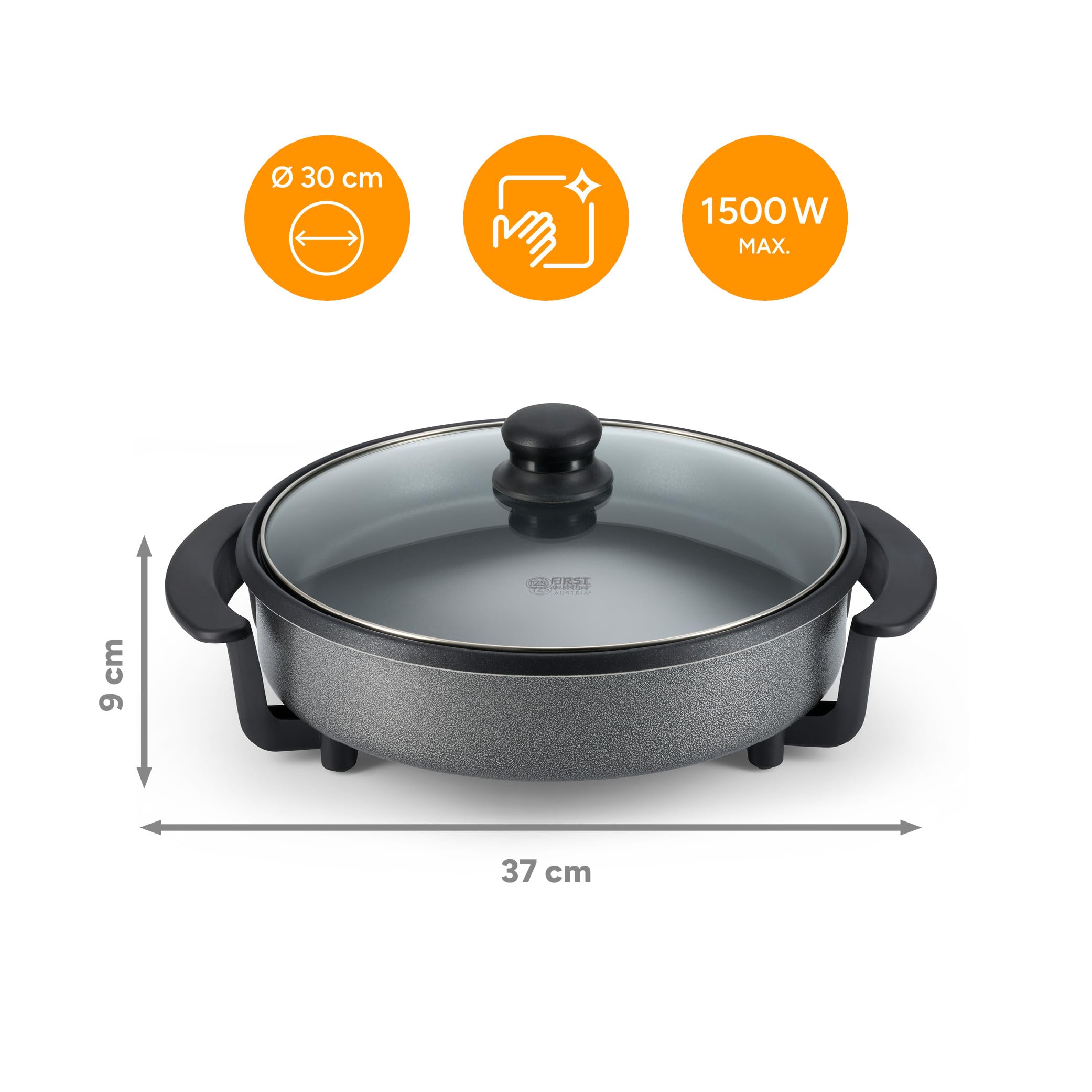 TZS First Austria - Padella Elettrica Multifunzione 1,8L - Ø 30cm - 1500W - Termostato Regolabile (90-240°C) - Rivestimento Antiaderente - Ideale per Feste e Paella - Grigio