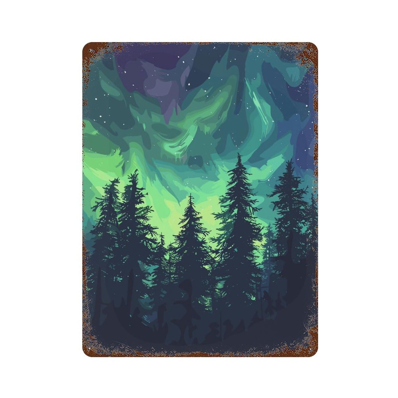 Garage Style Aurora Forest Aged Metal Wall Plaque 15.7"x11.8", Farmhouse Wall Decor for Bar And Workshop