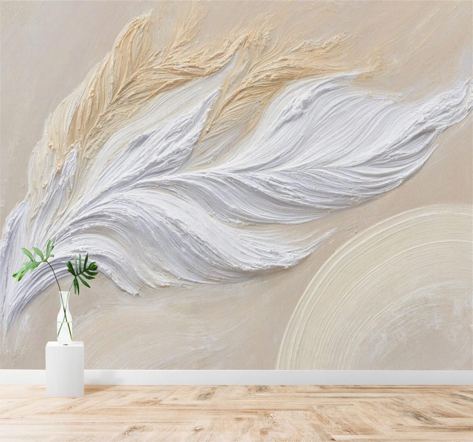 XLMING Beige White Abstract Feathers Texture 3D Wallpaper Premium Textured Silk Study Dining Living Room Bedroom Sofa TV Wall Easy Install-350cm×256cm