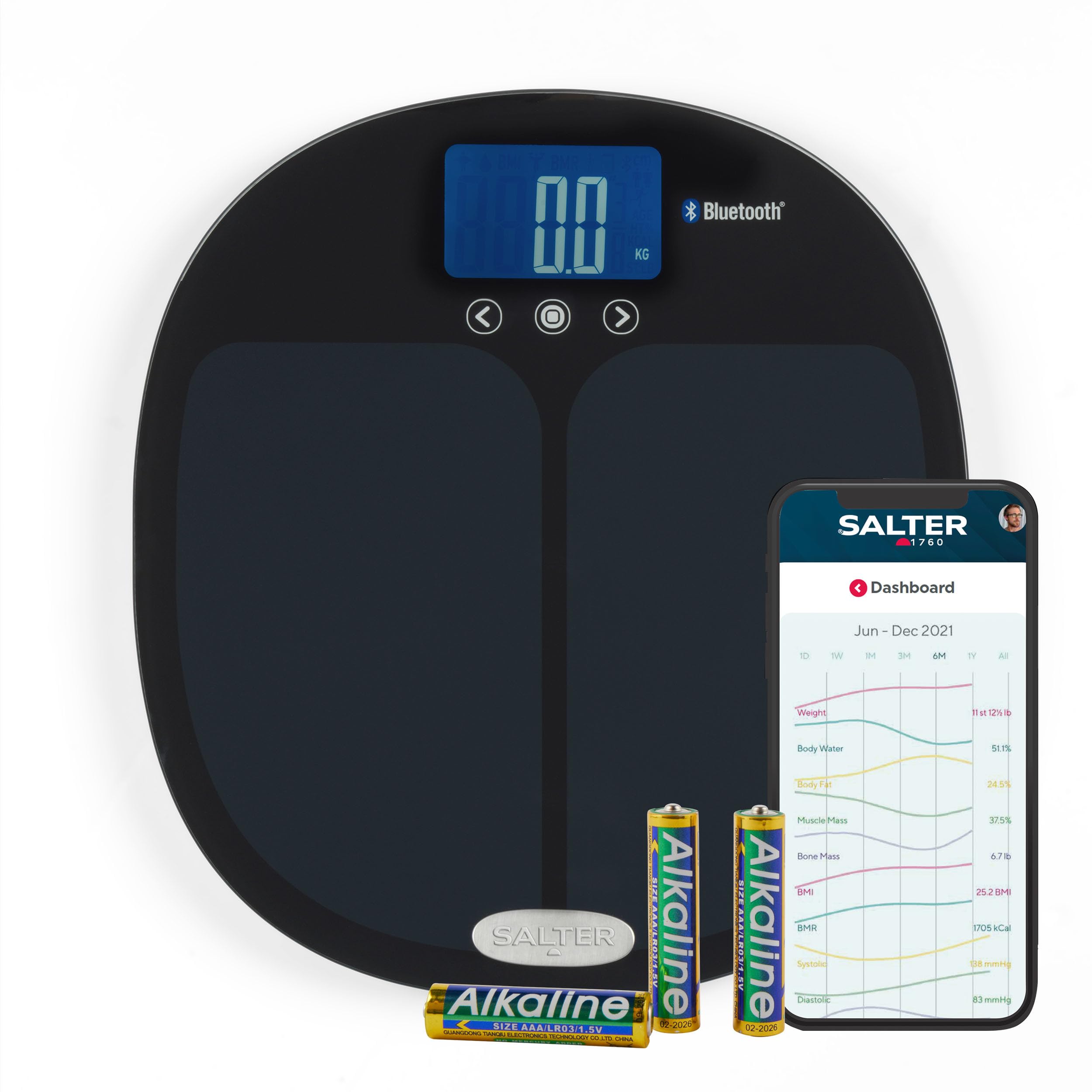 Salter 9192 BK3R Curve bilancia da bagno digitale per elettronica salter, Bilancia Bluetooth per misurare peso, grasso corporeo & massa muscolare, collegabile allo smartphone, nero