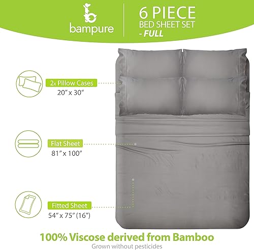 Vista 86 de BAMPURE - Juego de sábanas de 100 % viscosa de bambú, refrescantes, suaves, bolsillo profundo de hasta 16 pulgadas, 1 sábana encimera, 1 sábana Gris
