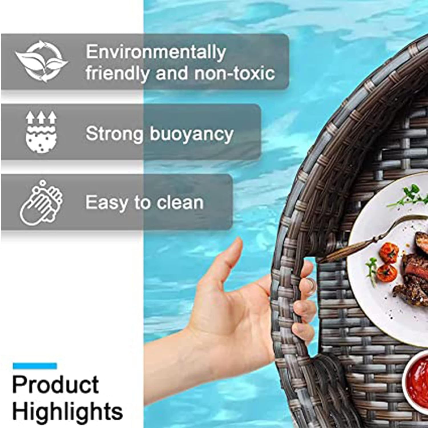 Bandeja flotante de ratán, bandejas flotantes redondas para servir, barra de mesa, bandeja flotante tejida de ratán, bandejas para servir piscina para natación, bancos de arena, spas, baños, fiestas