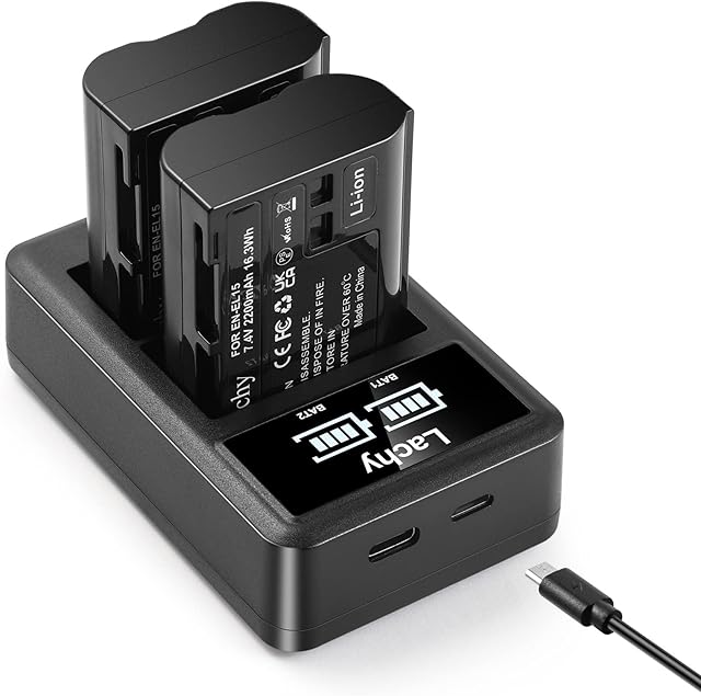 Lachy 2-Pack EN-EL15 Battery Pack 2200mAh and Dual Battery Charger 2200mAh for Nikon Z7, D780, D850, D7500, 1 V1, D500, D600, D610, D750, D800, D800E, D810, D810A, D7000, D7100, D7200 Cameras