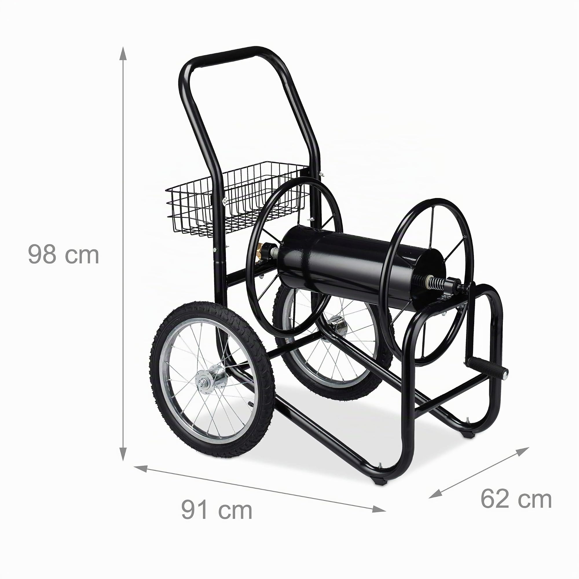 relaxdays Carro para Manguera de regar, Carrete portátil para Jardín, con 2 Ruedas, hasta 90 m, Metal, 1 Ud., Negro