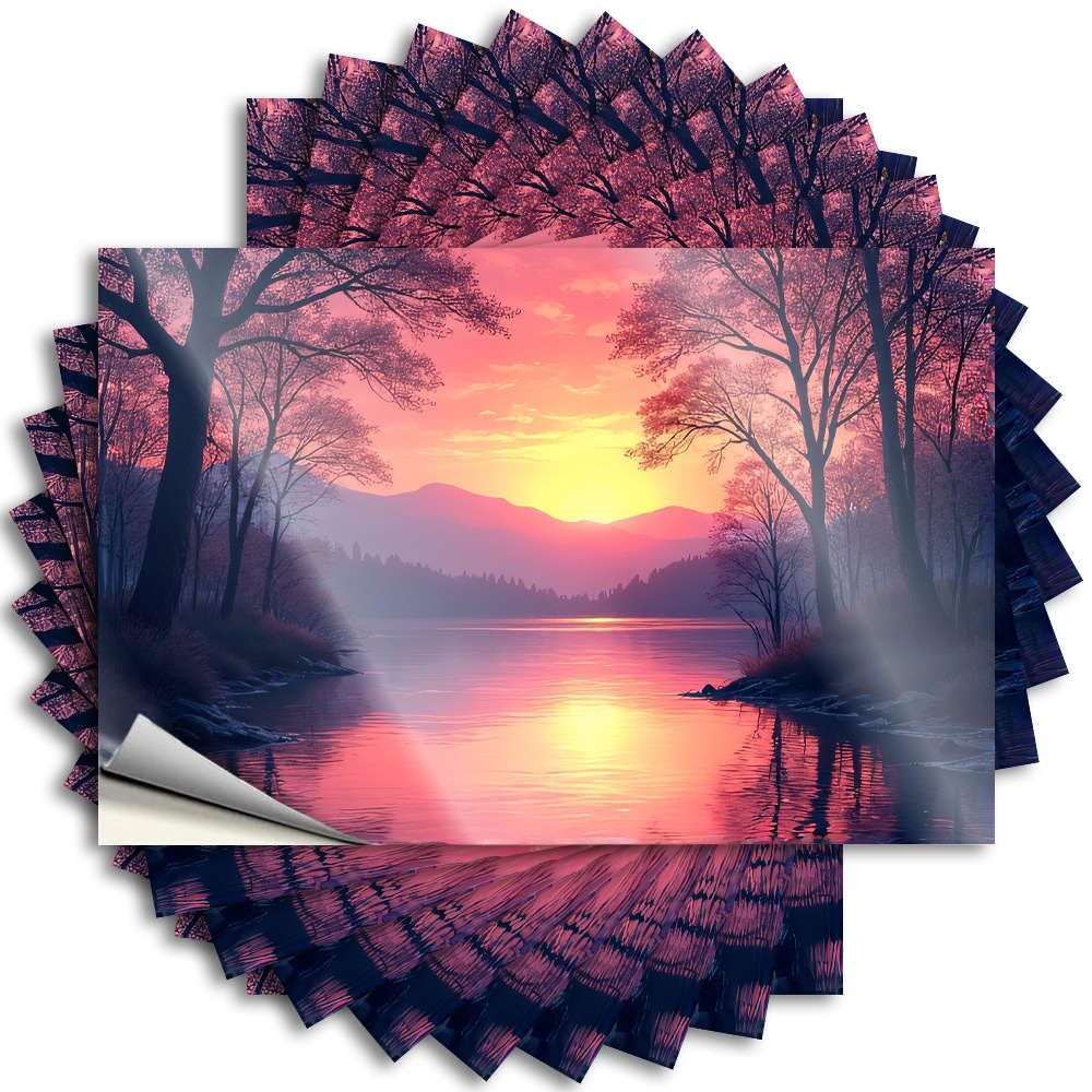 Sunset Over A Serene Lake with Trees Reflecting in The Water. Outdoor Porch Decor Billiard DIY | Neutral Tattoos Wall Removable Vinyl Sticker Decal(12X18CM)