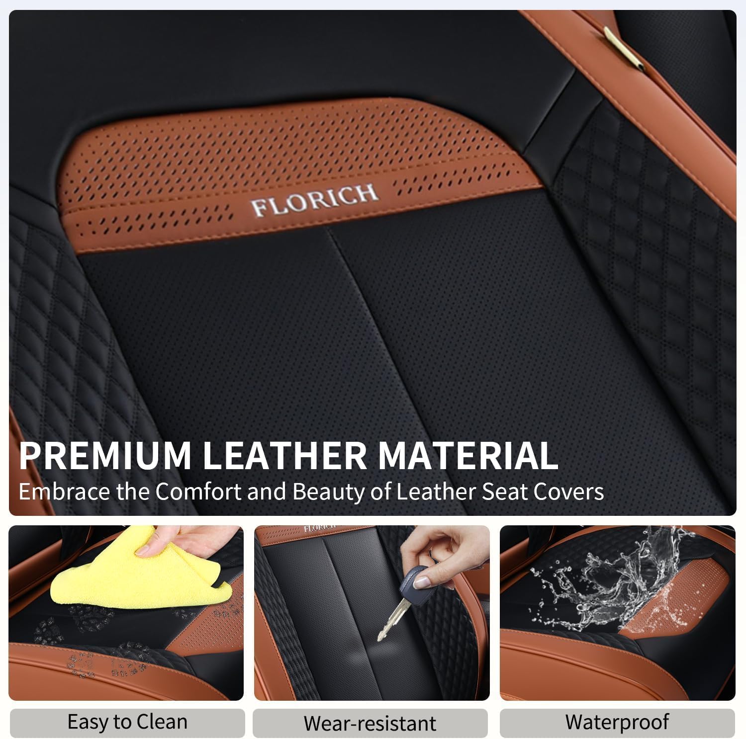 FLORICH Waterproof Car Seat Covers Full Set, Automotive Seat Covers, Brown Car Seat Covers, Luxury Seat Protector Universal fit for Most Cars SUVs and Trucks - Brown&Black - Image 7