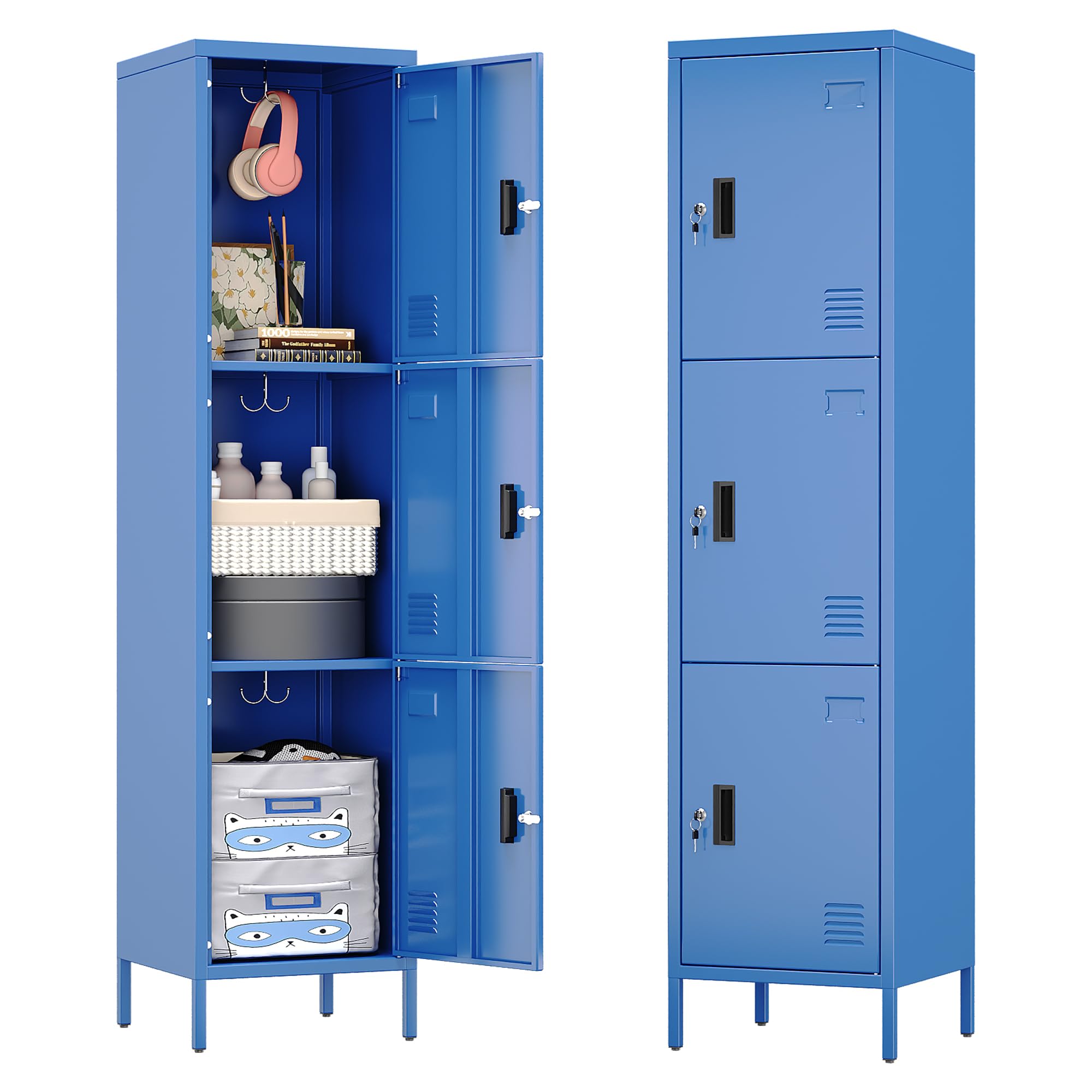 Aobabo 16" W 3 Door Metal Storage Locker with Lock, 66" H Steel Locker with Name Card Holder and Metal Leg for School, Home, Office, Playroom,