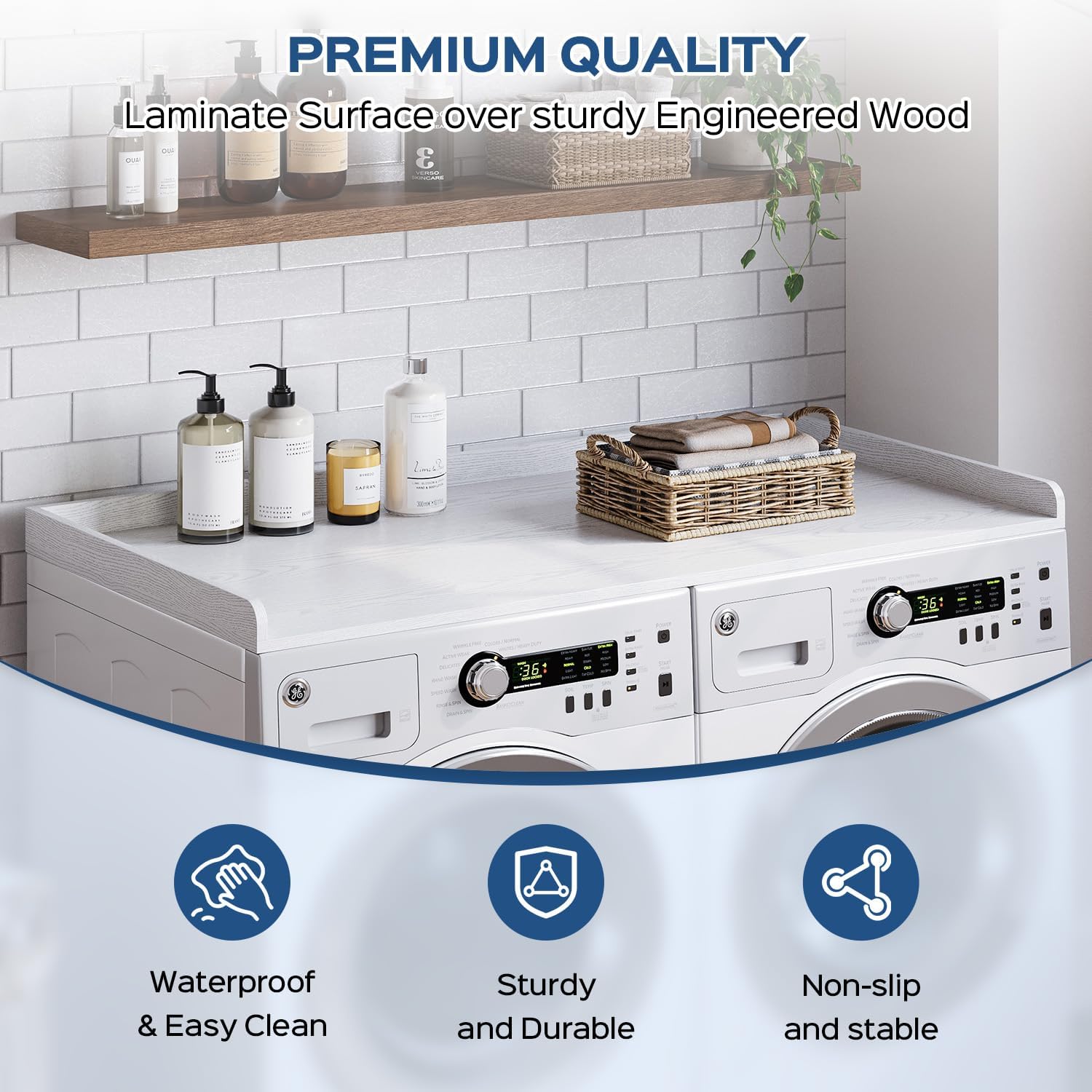 fivesun washer dryer countertop, 27.5" x 54“ wood washer and dryer countertop with edge rails for laundry room organization and storage, white
