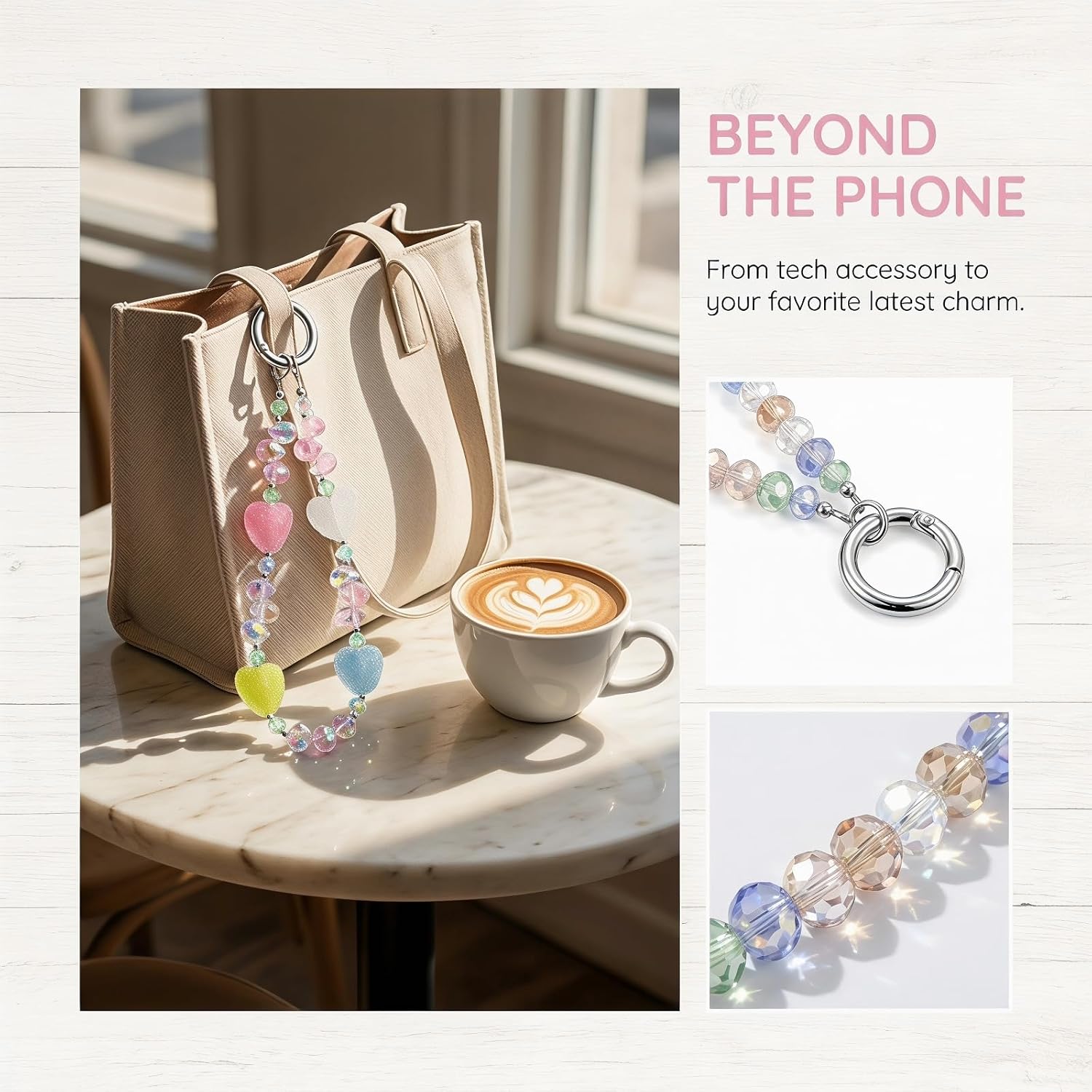 [2 Pcs Beaded Phone Charm Strap, Aesthetic Cute Wrist Lanyard, Handmade Crystal Pearl Chain Keychain Compatible with iPhone 16 15 14 13 Pro Max, Samsung, Most Cases, Women Bag Decor