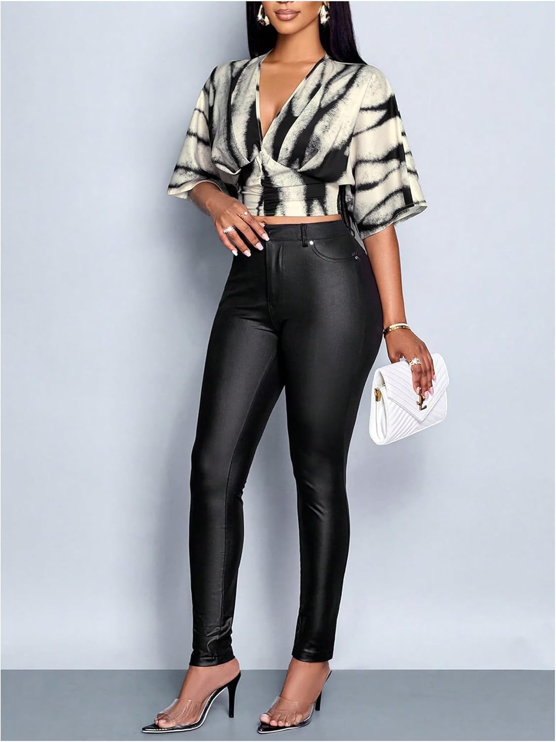 SOLY HUX Women's V Neck Half Sleeve Blouse Graphic Print Ruched Casual Summer Crop Tops - Image 5