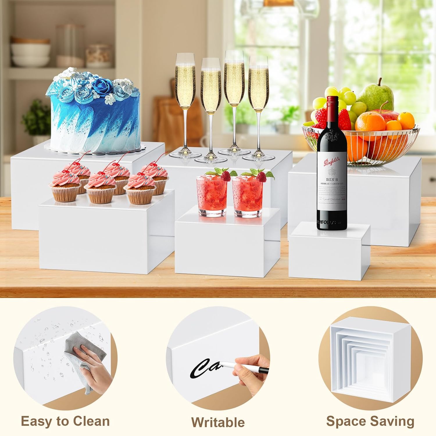 6 Pcs Buffet Risers, Food Risers for Buffet Table, Catering Dessert Cake Stand for Party, Collectibles Jewelry Display Stand, White Cube Boxes Nesting Risers with Mini Signs (5"-10")
