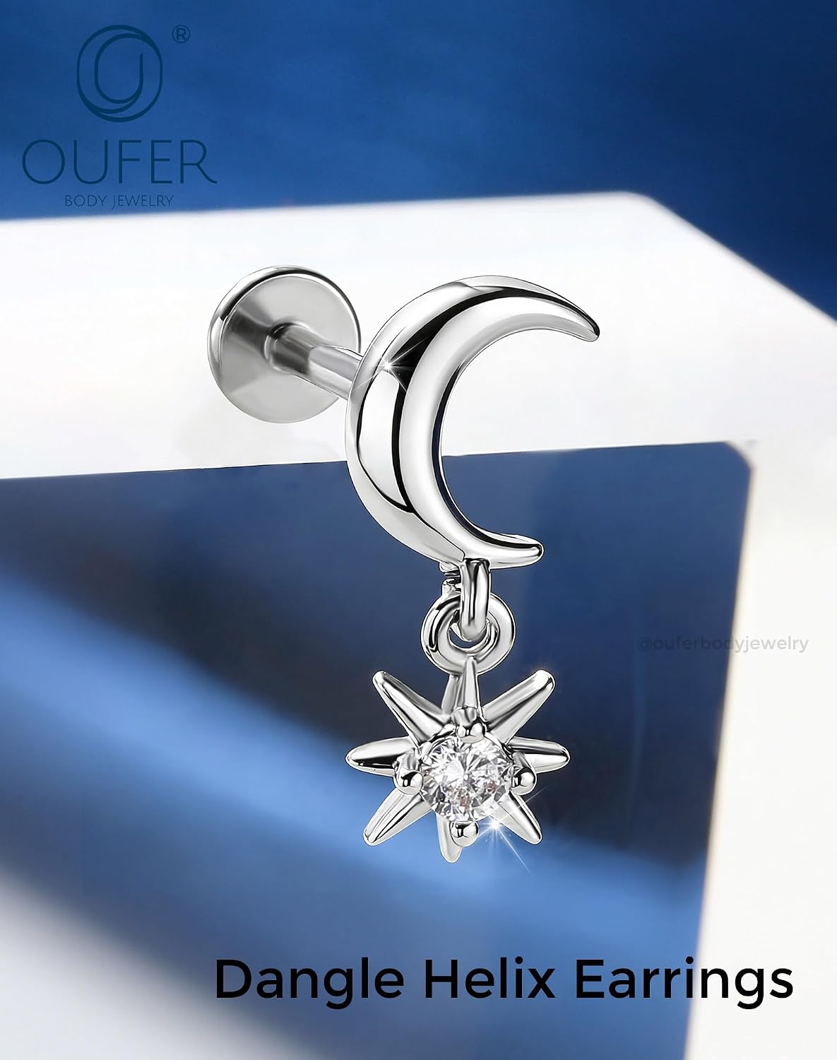OUFER Body Piercing Moon Helix Piercing Jewelry 16G Dangle Star Helix Earrings for Women Internally Thread Conch Helix Stud Flat Back Earrings Surgical Steel Cartilage Jewelry