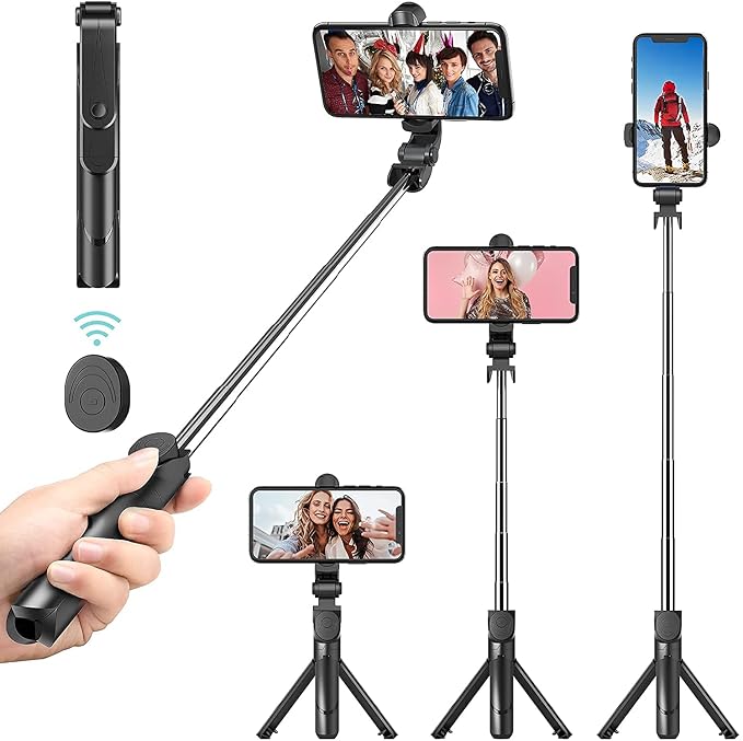 EYUVAA LABEL Triple Function Selfie Stick Tripod with Bluetooth Remote, Extendable Portable Tripod Stick for All Smartphones (Black)