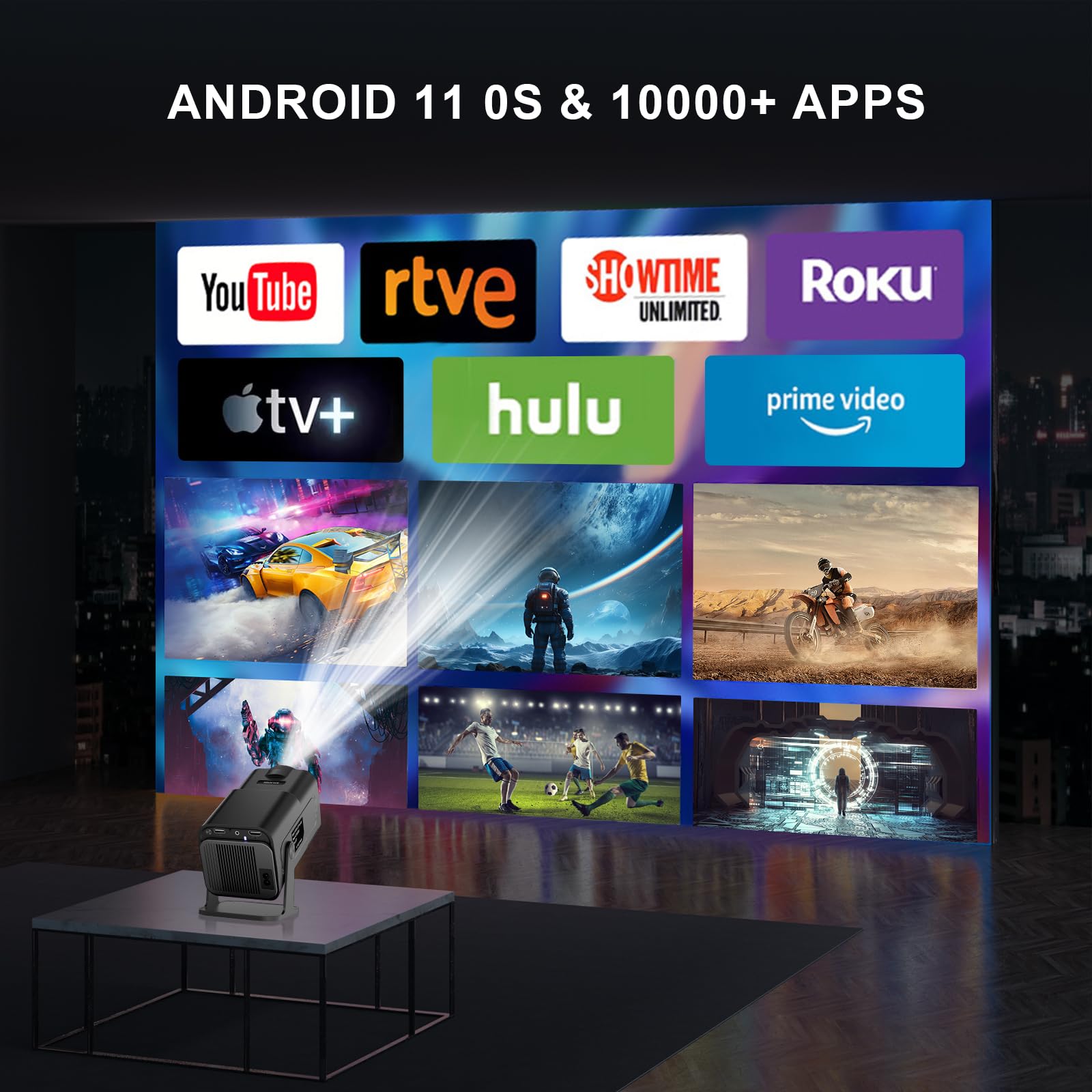 HY320 Vidéoprojecteur Android 11,1080P Mini Projecteur WiFi6 BT5.0 Heimkino Beamer,12000lm FHD 4K Video Projecteur,Auto Keystone Outdoor/Home Projecteur,pour Téléphone/PC/Ordinateur
