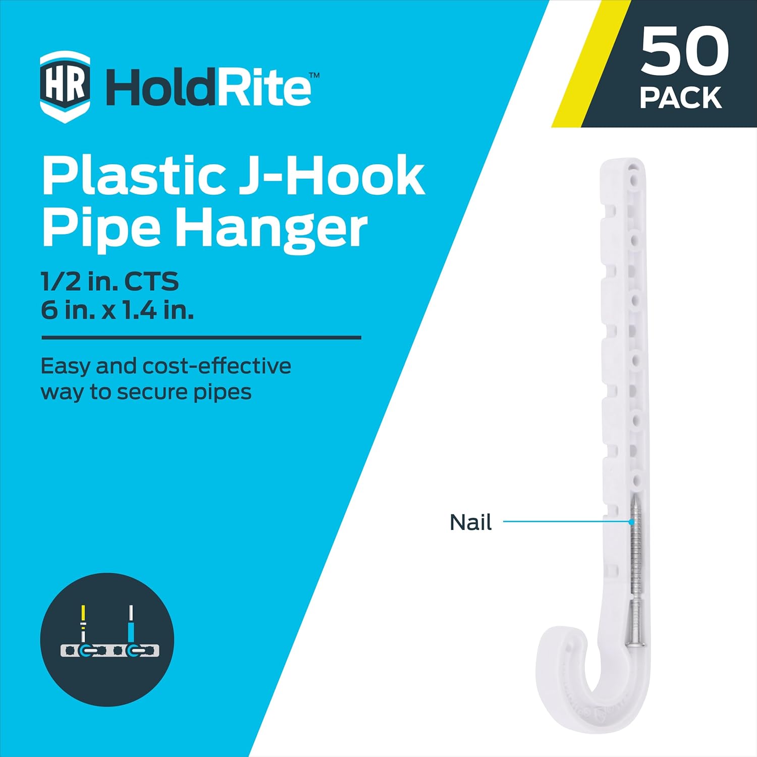 HoldRite 1/2 inch CTS J-Hook Pipe Hanger, 50 Pack, Pipe Support, PEX, Copper, CPVC, P-JHOOK050CTS