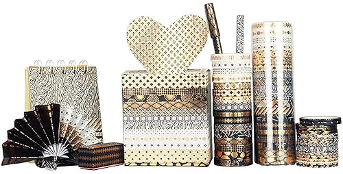 Miniatura 8 de YUBX Juego de 20 rollos de cinta washi con impresión de papel de aluminio negro dorado para artes, manualidades, diarios de viñetas, planificadores,