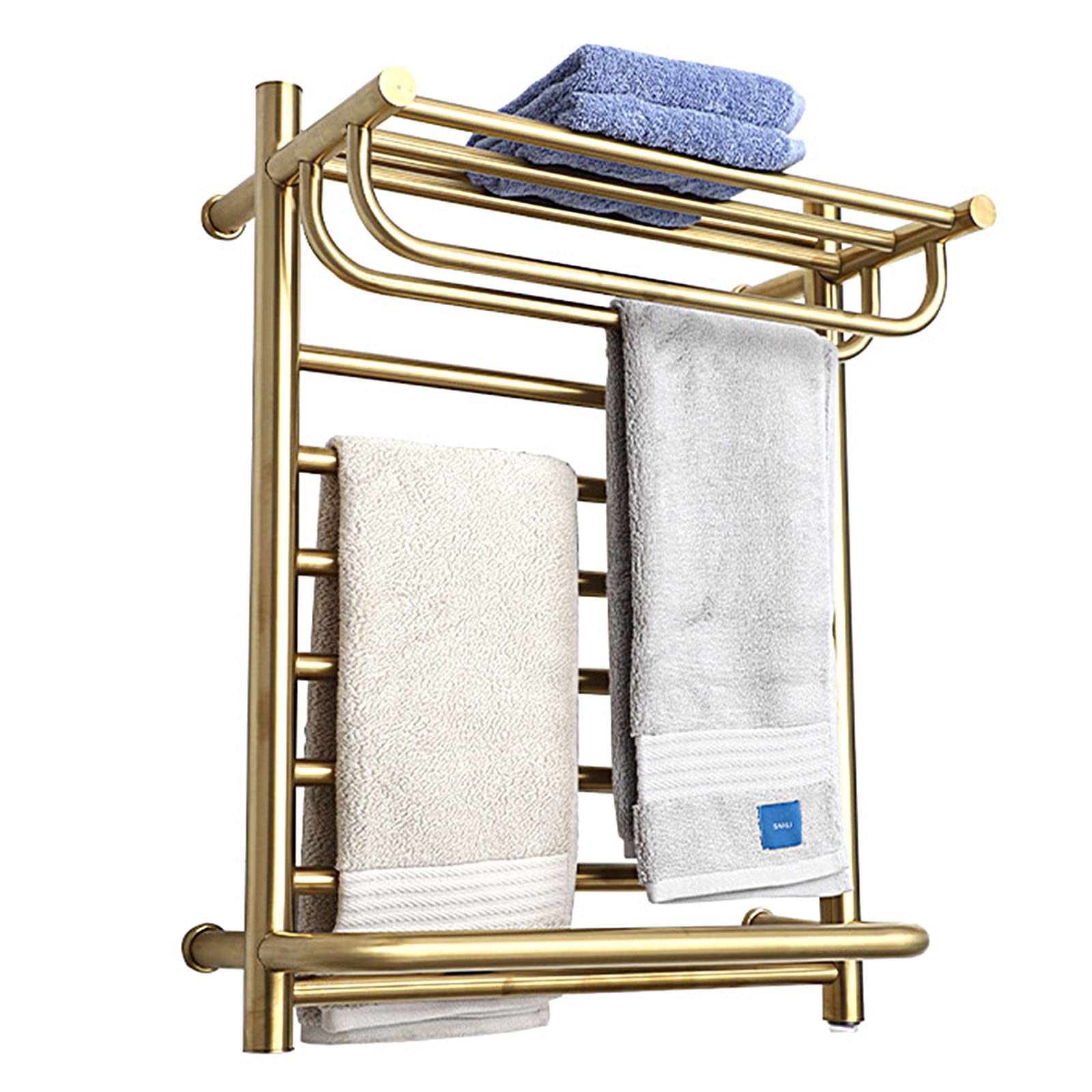 asdchZen Heated Towel Rack,Wall Mounted Towel Rack,Stainless Steel With Top Shelf With Switch,14 Heating Rods,White,Hardwired-Golden-Plugin,Golden-Plugin