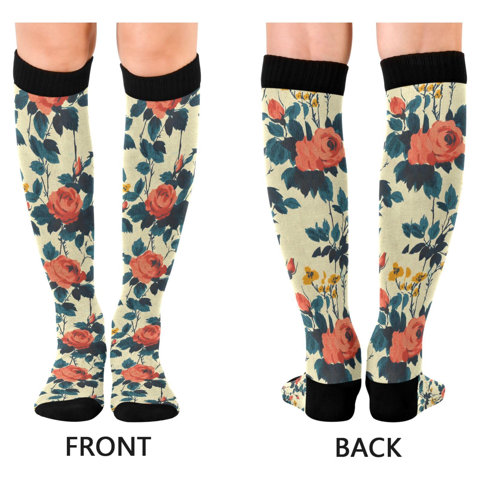 MFTJYO Red Rose Flower Yellow Old Compression Socks for Women Men Circulation Long Knee High Socks for Athletic Sports Running