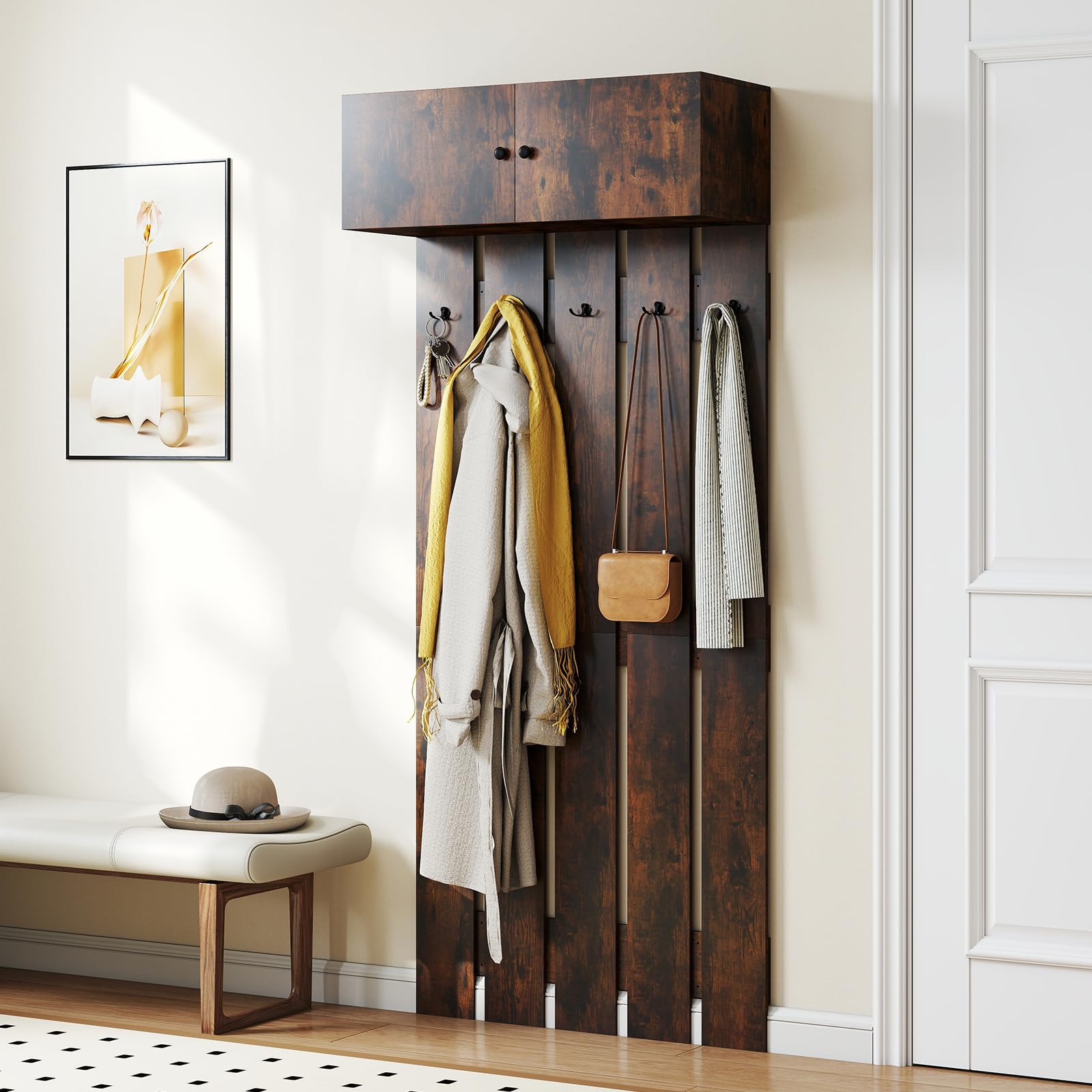 COSTWAY Appendiabiti da Parete per Ingresso, Attaccapanni in Legno con 5 Ganci Doppi e Armadietto a 2 Ante, Mensola Salvaspazio per Camera da Letto, Soggiorno e Cucina, 90 x 33 x 210 cm (Marrone)