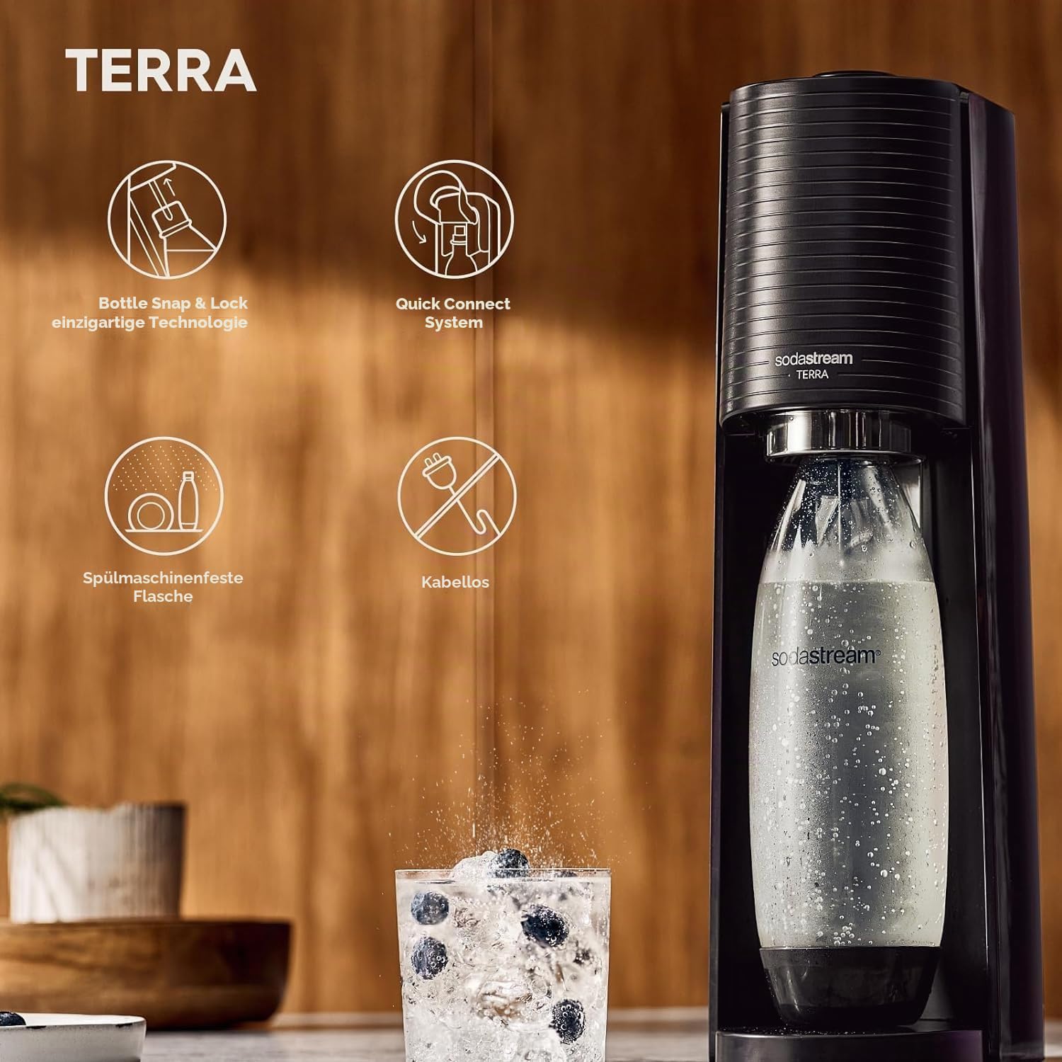 SodaStream - Terra Sparkling Water Maker Starterpaket, Quick Connect CO2-System, inklusive 60L Gasflasche, 1 x 440ml Pepsi Max, BPA-freie 1L Flasche, umweltfreundlich & reduziert Plastikmüll, schwarz