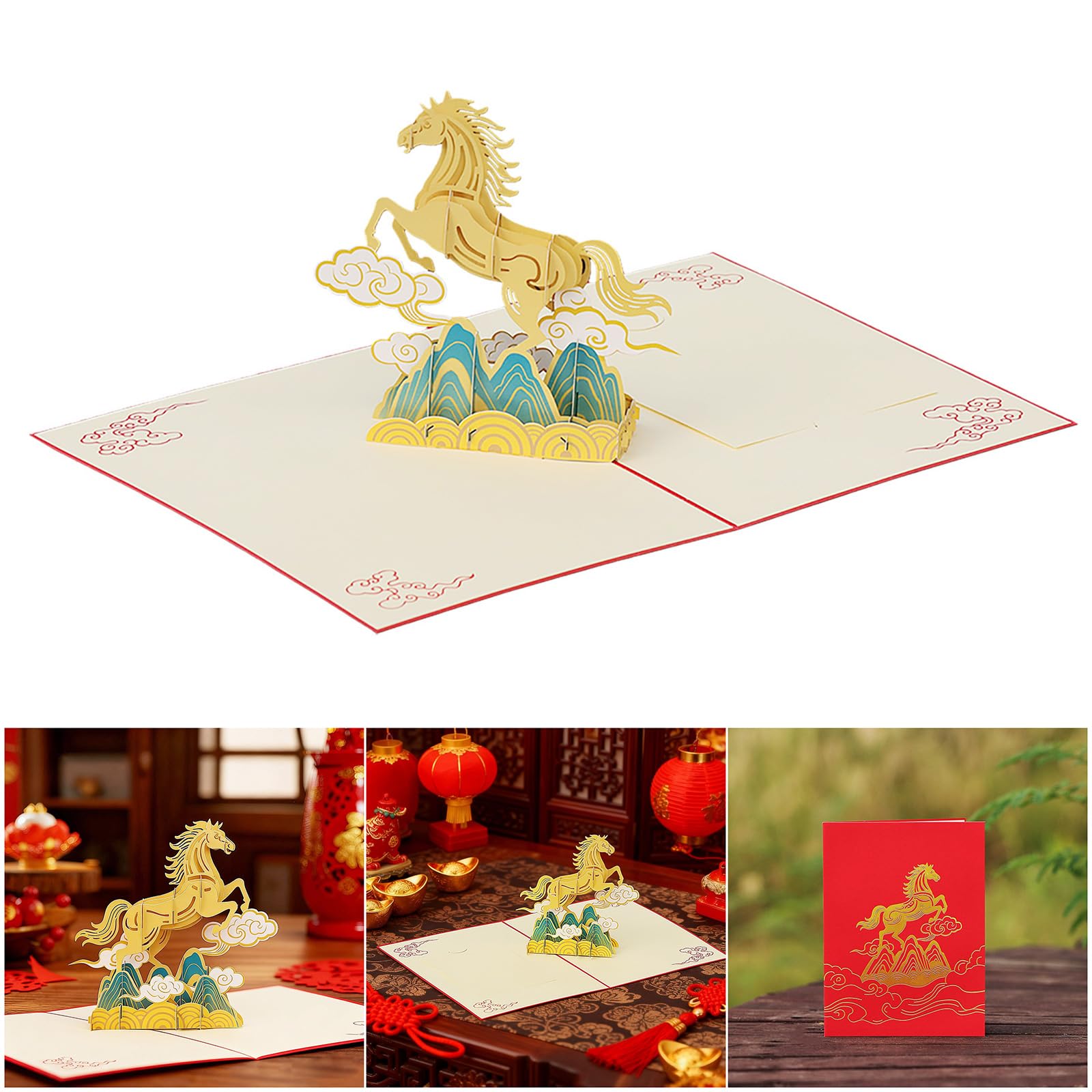 Carte de vœux contemporaine en papier cartonné avec cheval, occasion mémorable, cadeau de festival de printemps, carte de vœux pour l'année du cheval