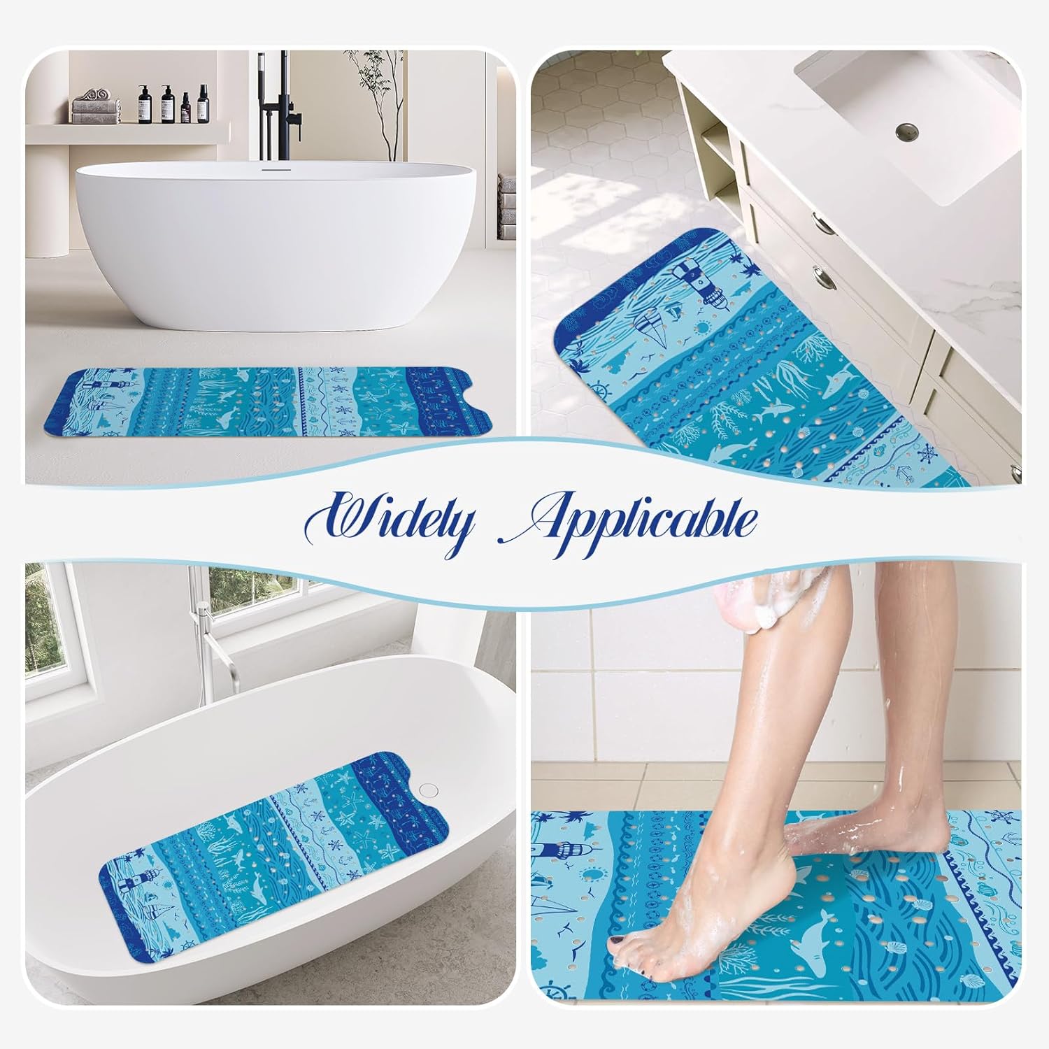 SHUCHING Blue Ocean Bath Mat for Tub Non Slip-40 X 16Inch, Sea Bathtub Mat Anti Slip, Extra Long Shower Mat for Bathroom Mold Free, Machine Washable
