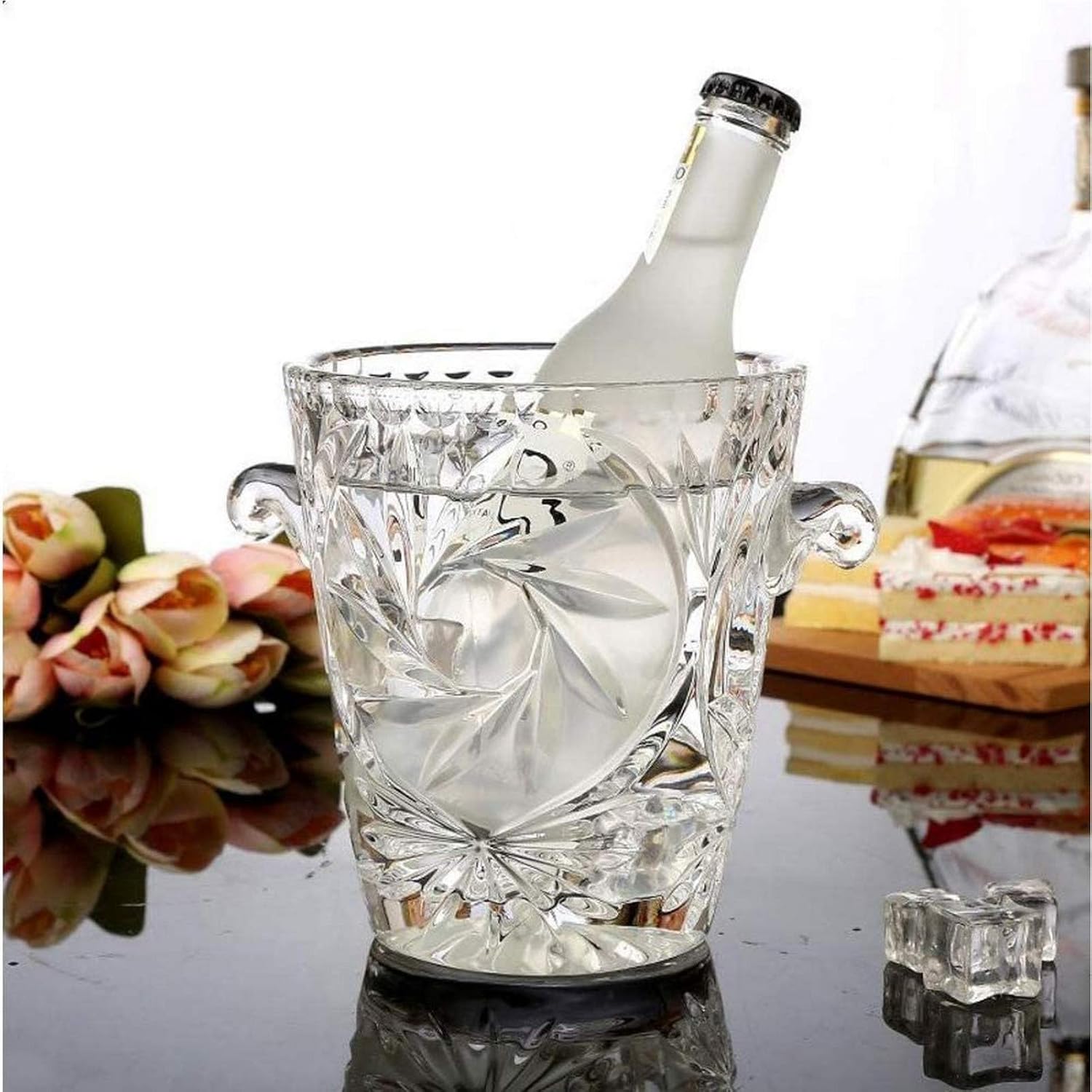Ice Bucket, Crystal Ice Bucket,Insulated Wine Bucket Cooler for Champagne Beer,Elegant Glass Ice Bucket Wine Chiller with Tongs for Party Camping-c 12x13x17cm