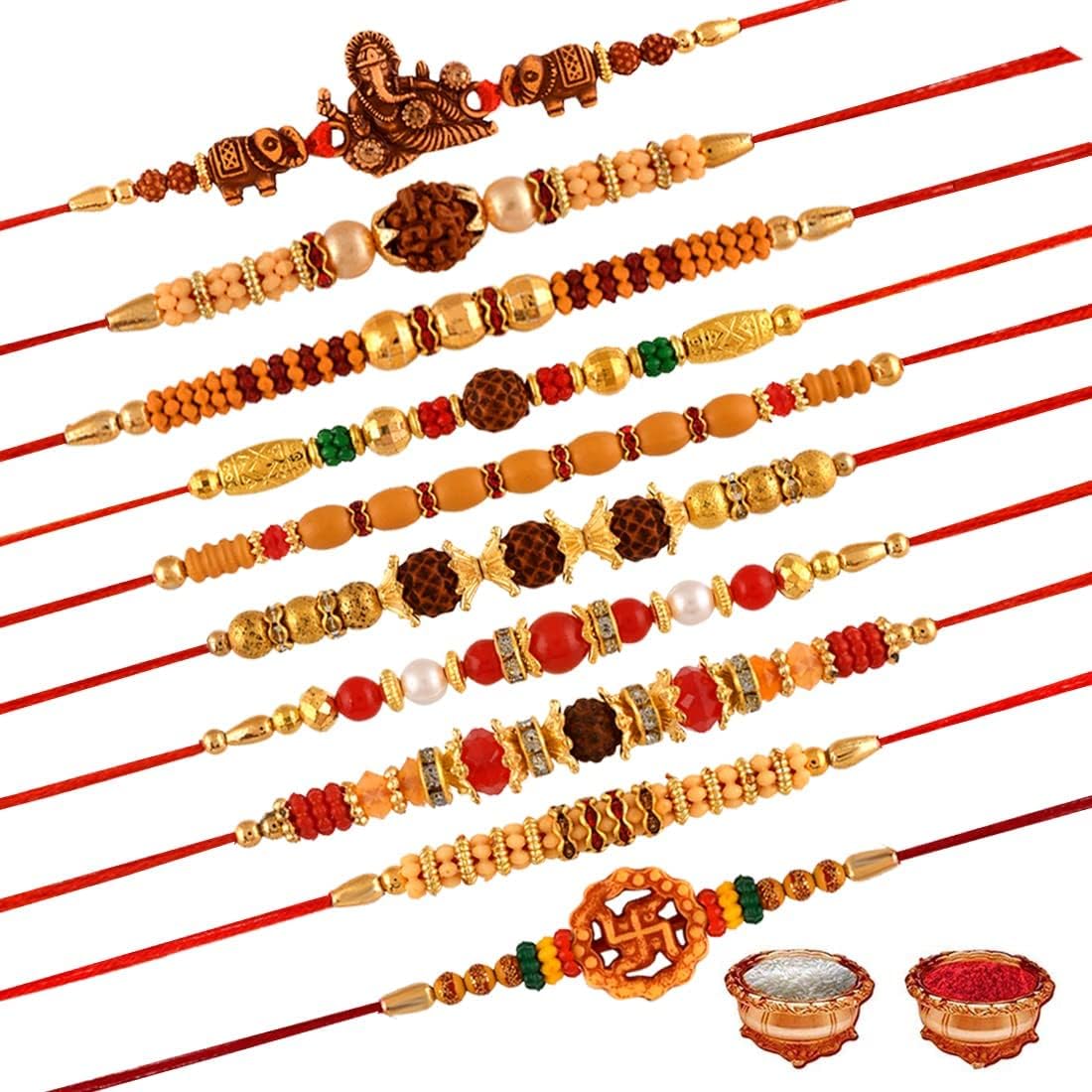 Agirav Multicolor Bracelet/Rakhi with Roli Chawal for Occasion of Rakhshabandhan for brother (Pack of 10)