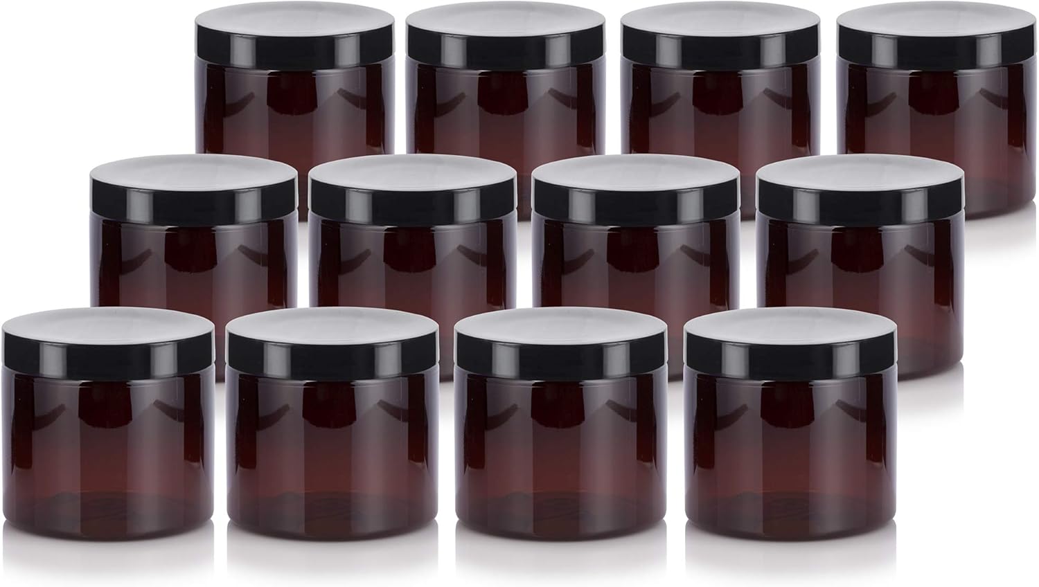 JUVITUS 16 oz Amber PET Plastic Refillable Jar With Black Smooth Lid (12 pack)