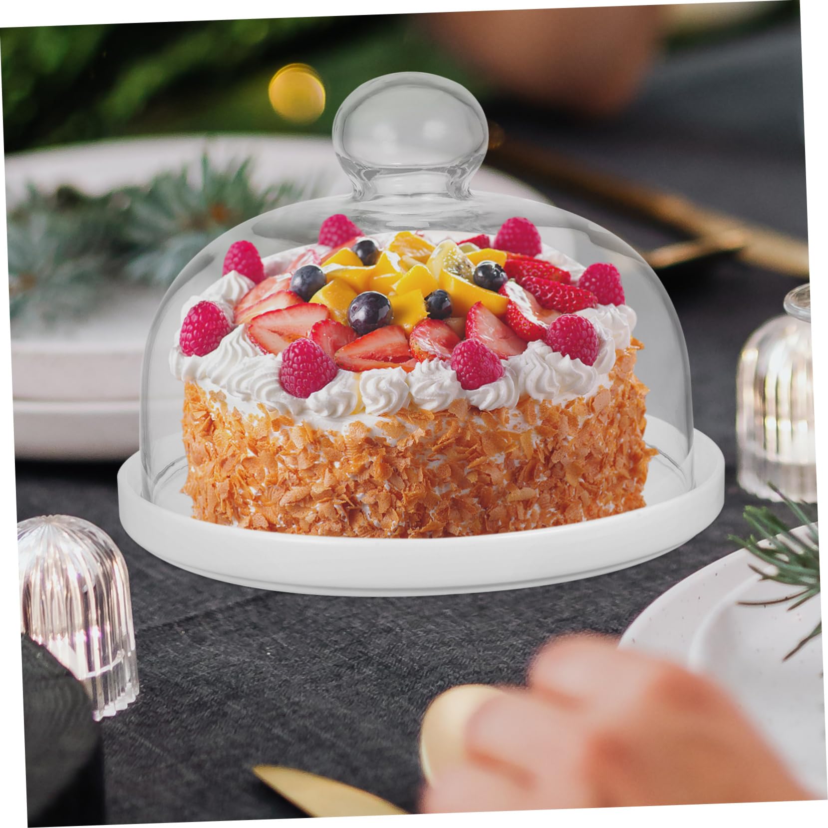 Cabilock Tortenständer Kuchenplatte mit Keramik Teller Tortenplatte Glasglocke Kuchenglocke Käseglocke Dessert Ständer Lebensmittel Abdeckung Abdeckhaube für Hochzeit Geburtstag Party S