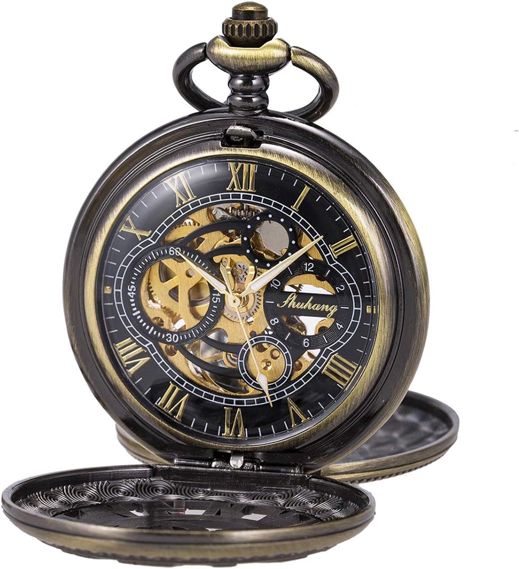 Pocket Watch Skeleton Mechanical Double Case Hand-Wind Bronze Roman Numerals Antique Chain Mens