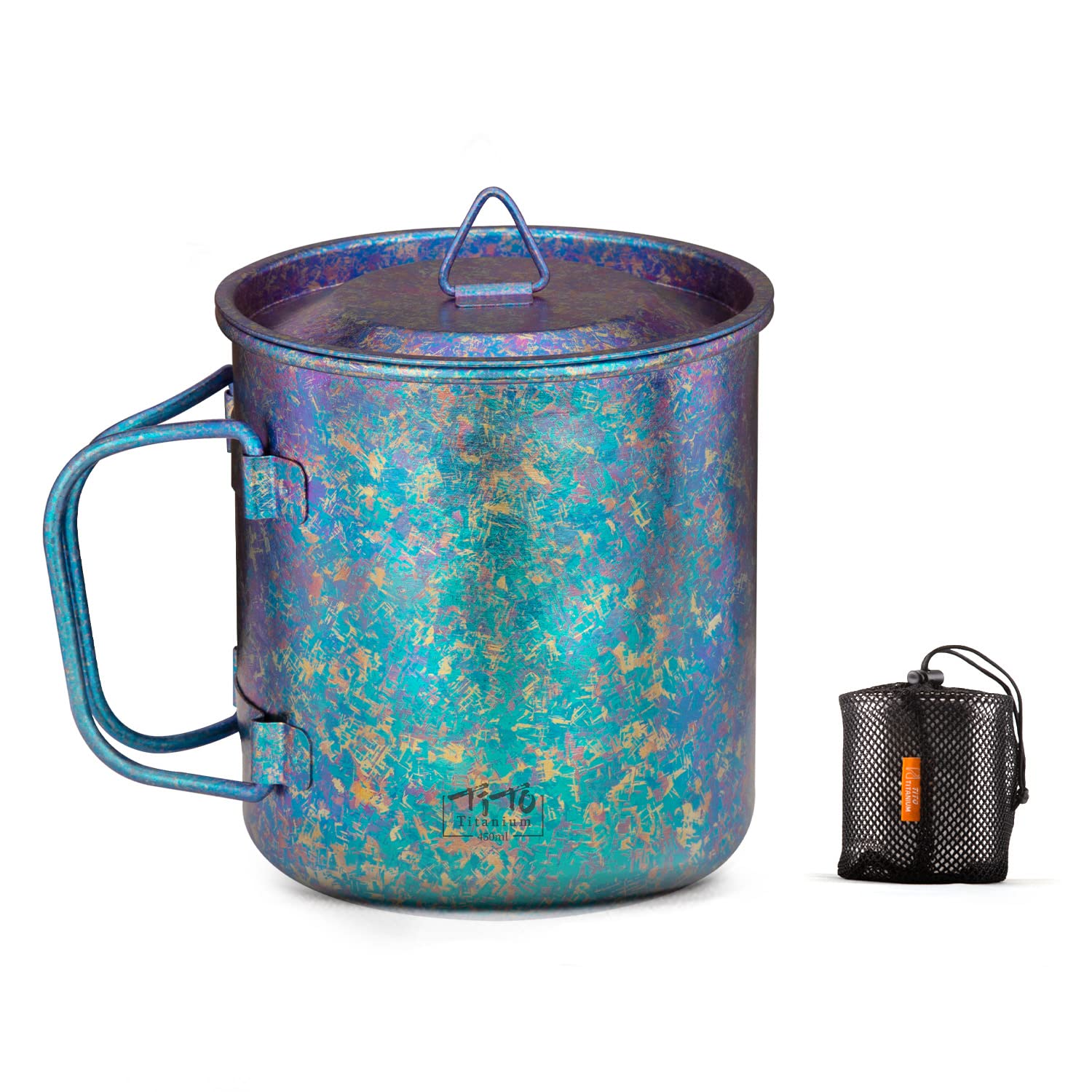 TiTo TitaniumCup Camping Tea Coffee Water Mug Ultralight Portable Cookware 450ml Foldable Handle Titanium Pot with Lid for Outdoor Backpacking Hiking Picnic Drinkware Open Fire (Bright Blue)