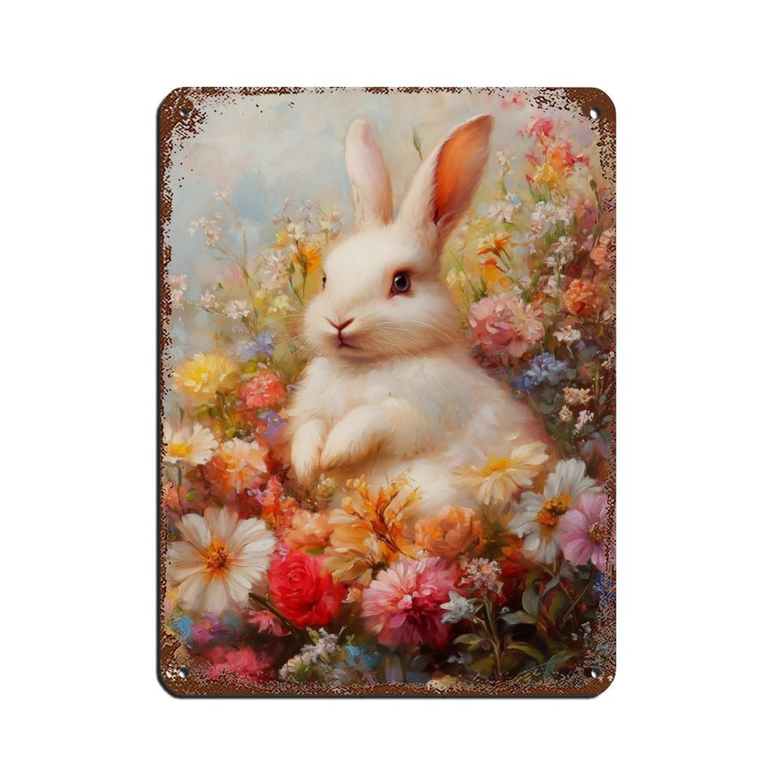Whimsical Bunny in Blooming Garden Oil Painting Retro Poster Metal Tin Sign Chic Art Retro Iron Painting Bar People Cave Cafe Family Garage Poster Wall Decoration 12x16inch(30x40cm)