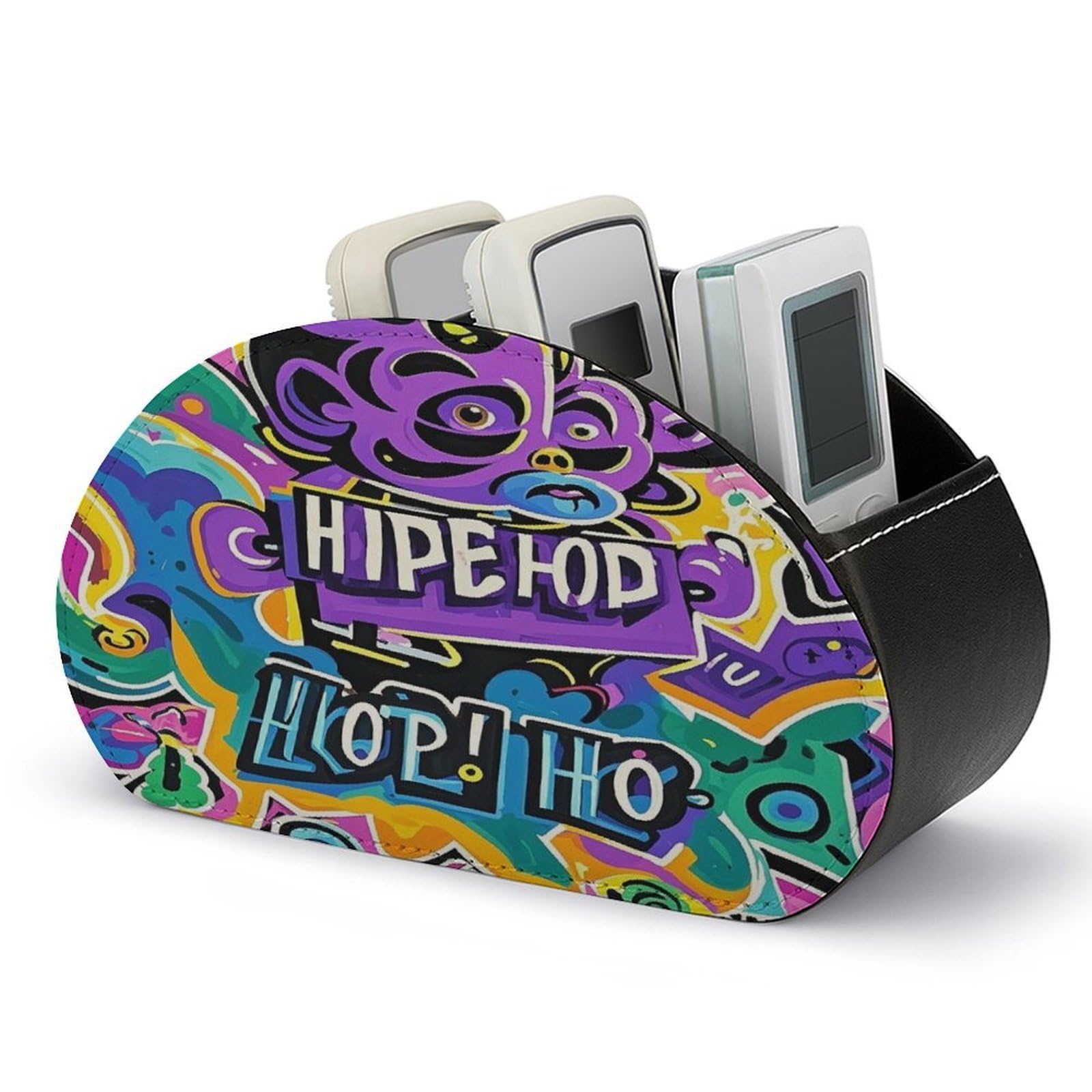 LZQPOEAS Graffiti Hip Hop Remote Control Holder with 5 Compartments PU Leather Remote Organizer Box Caddy for Table Nightstand Remote Caddy Desktop Organizer Fits Media Controllers