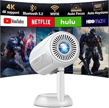 [3D TOF Auto Focus & Built-in Apps] VGKE Mini Smart Projector, 300 ANSI Full HD Projector with WiFi 6 and Bluetooth, Auto Keystone, 90Adjustable Lifting Portable Projector for Home /Outdoor