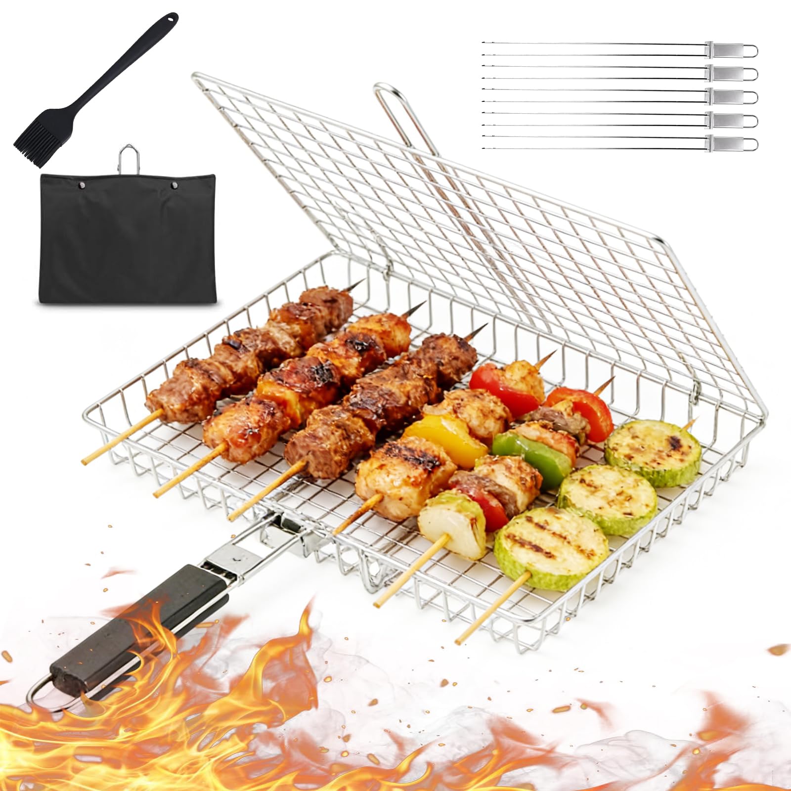 Grillkorb, Faltbare Tragbar Grillkörbe aus Edelstahl mit Aufbewahrungsbeutel, Fischgrillgitter mit Abnehmbarem Griff und Bürsten, Grillhalter für Fisch, Gemüse, Fleisch