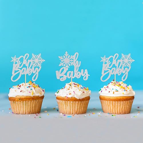 Miniatura 3 de Ercadio Paquete de 24 adornos de copos de nieve para cupcakes Oh Baby con purpurina plateada de copo de nieve Oh Baby para cupcakes de invierno