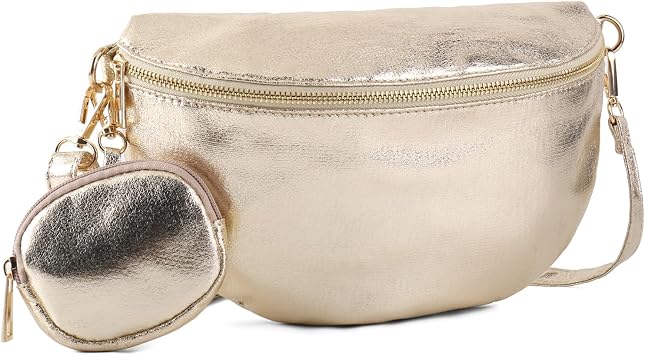 Womens Vegan Leather Sling Fanny Pack, Adjustable Crossbody Bag, Gold | chest waist shoulder purse carry, water resistant, fits phone passport wallet, travel hiking festival daily, anti theft, gift