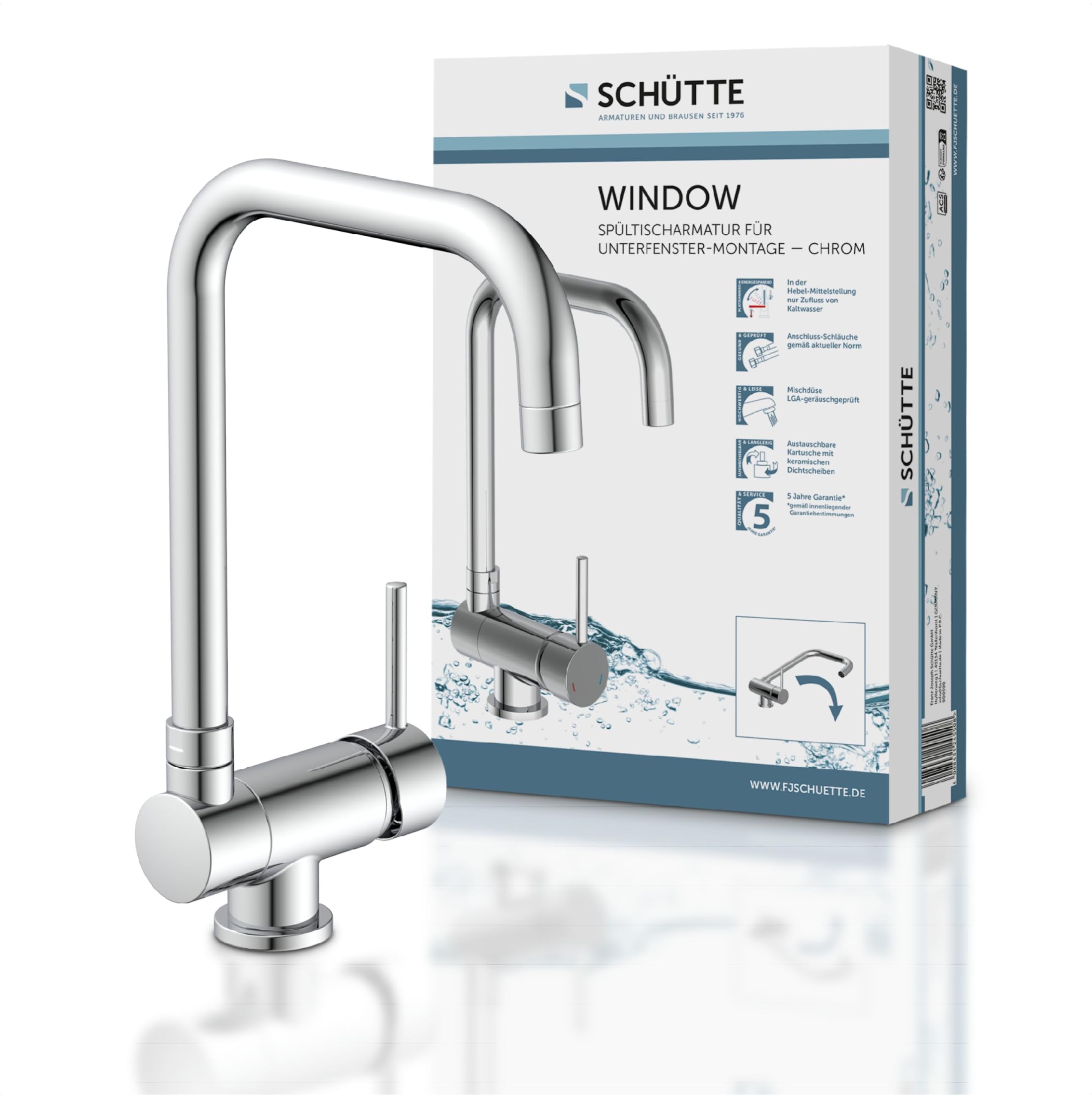 SCHÜTTE 24550 WINDOW Grifo Monomando de Cocina Bajo Ventana, Orientable 360°, Cromado