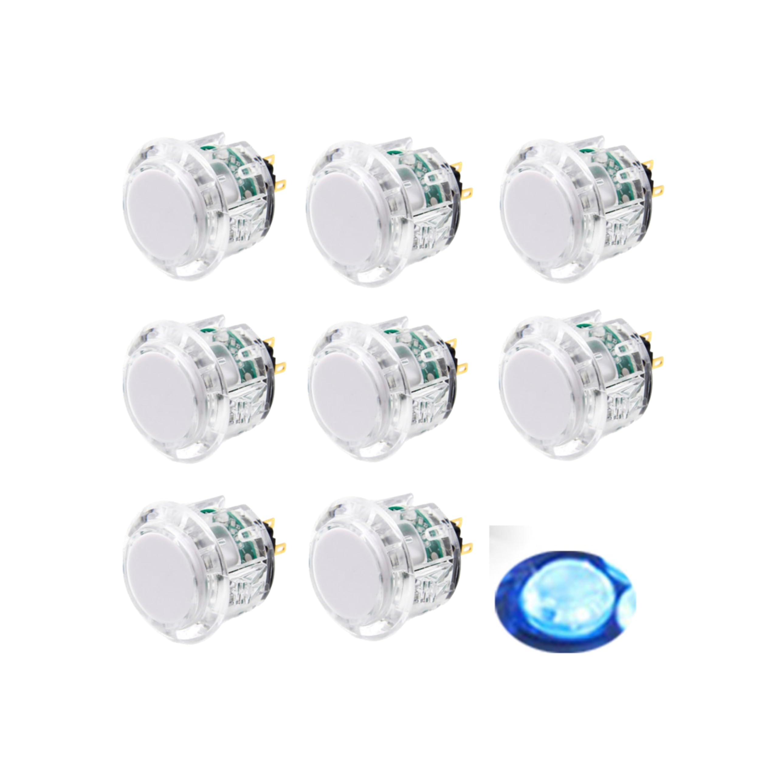 8 Pcs Original Qanba Illuminated Buttons Qanba Sanp In LED Buttons for DIY Cabinet Machine Arcade Machine 24MM/30MM (24MM, Clear Buttons+Blue Led)