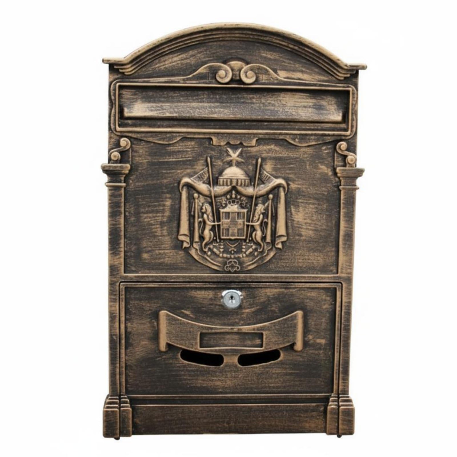 Weather Resistant Cast Aluminum Mailbox Easy Installation European Design Mailbox Curb Attractiveness Decorative Mail Box Spacious Interior for Villa Owners, Outdoor, Entryway, Porch, Ancient Gold-image-2